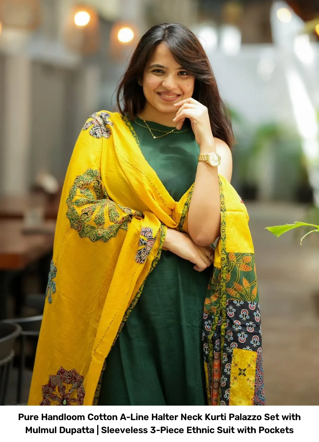 Pure Handloom Cotton A-Line Halter Neck Kurti Palazzo Set with Mulmul Dupatta | Sleeveless 3-Piece Ethnic Suit with Pockets 3