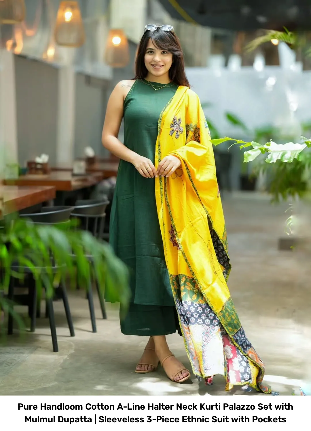 Pure Handloom Cotton A-Line Halter Neck Kurti Palazzo Set with Mulmul Dupatta | Sleeveless 3-Piece Ethnic Suit with Pockets 4