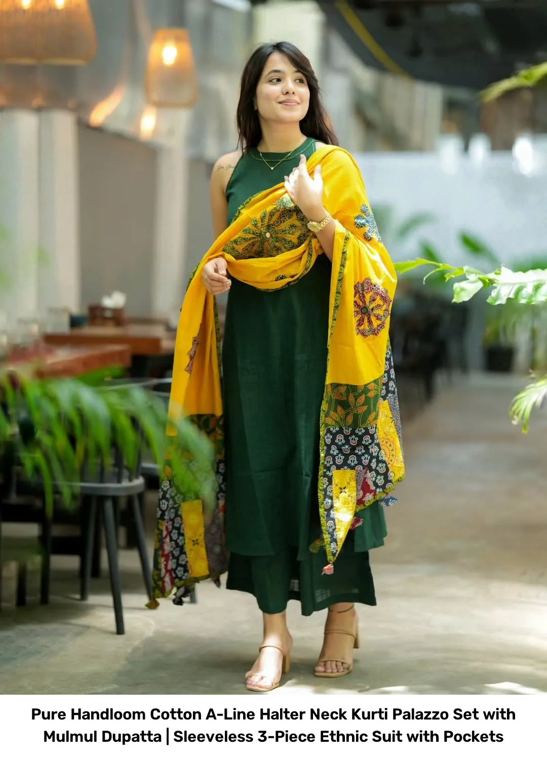Pure Handloom Cotton A-Line Halter Neck Kurti Palazzo Set with Mulmul Dupatta | Sleeveless 3-Piece Ethnic Suit with Pockets 5