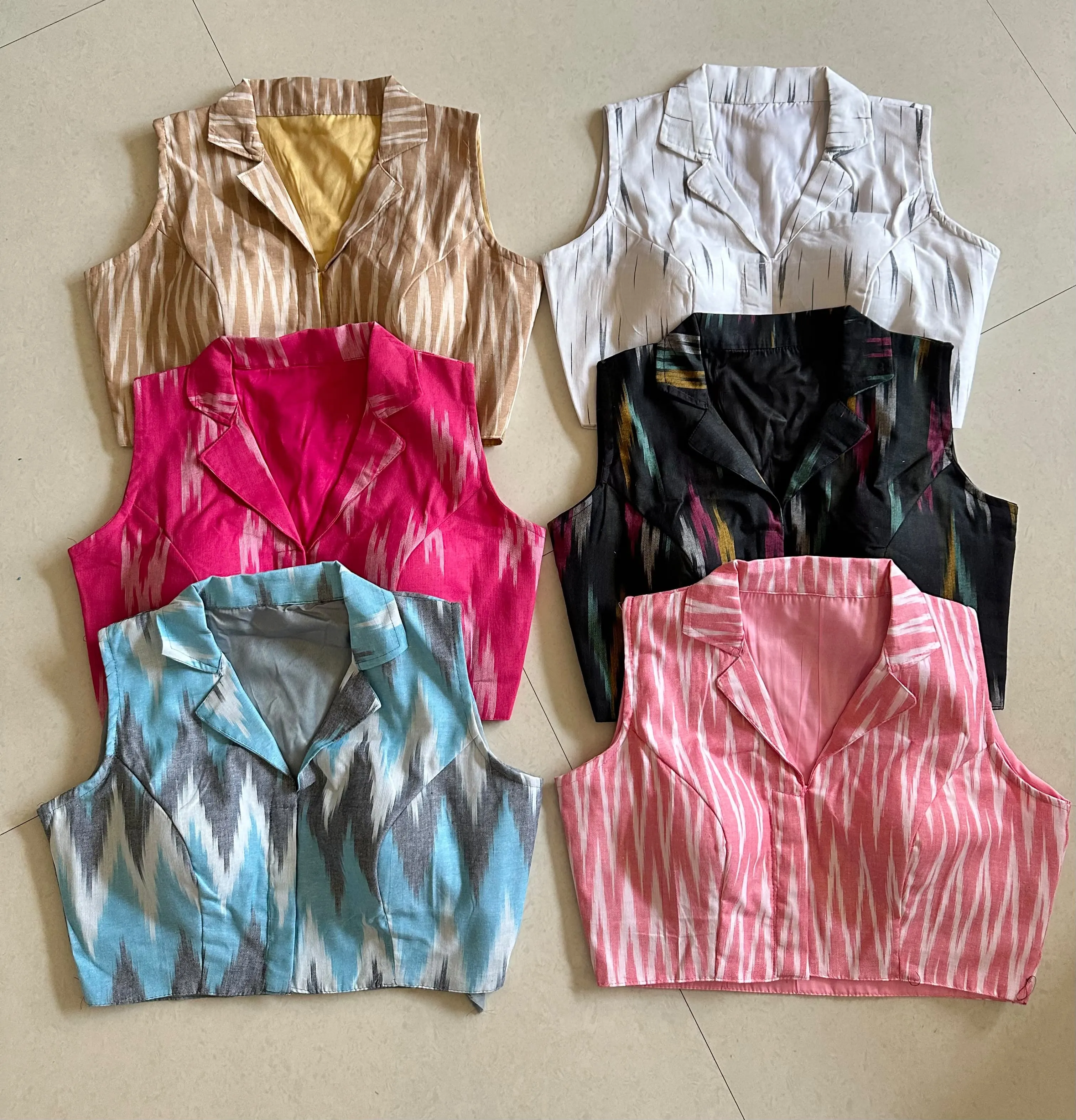 Pure Ikkat Handloom Cotton Collar Blouse – Padded Front-Open Readymade Blouse for Office Wear (Size 34-42 Alterable)