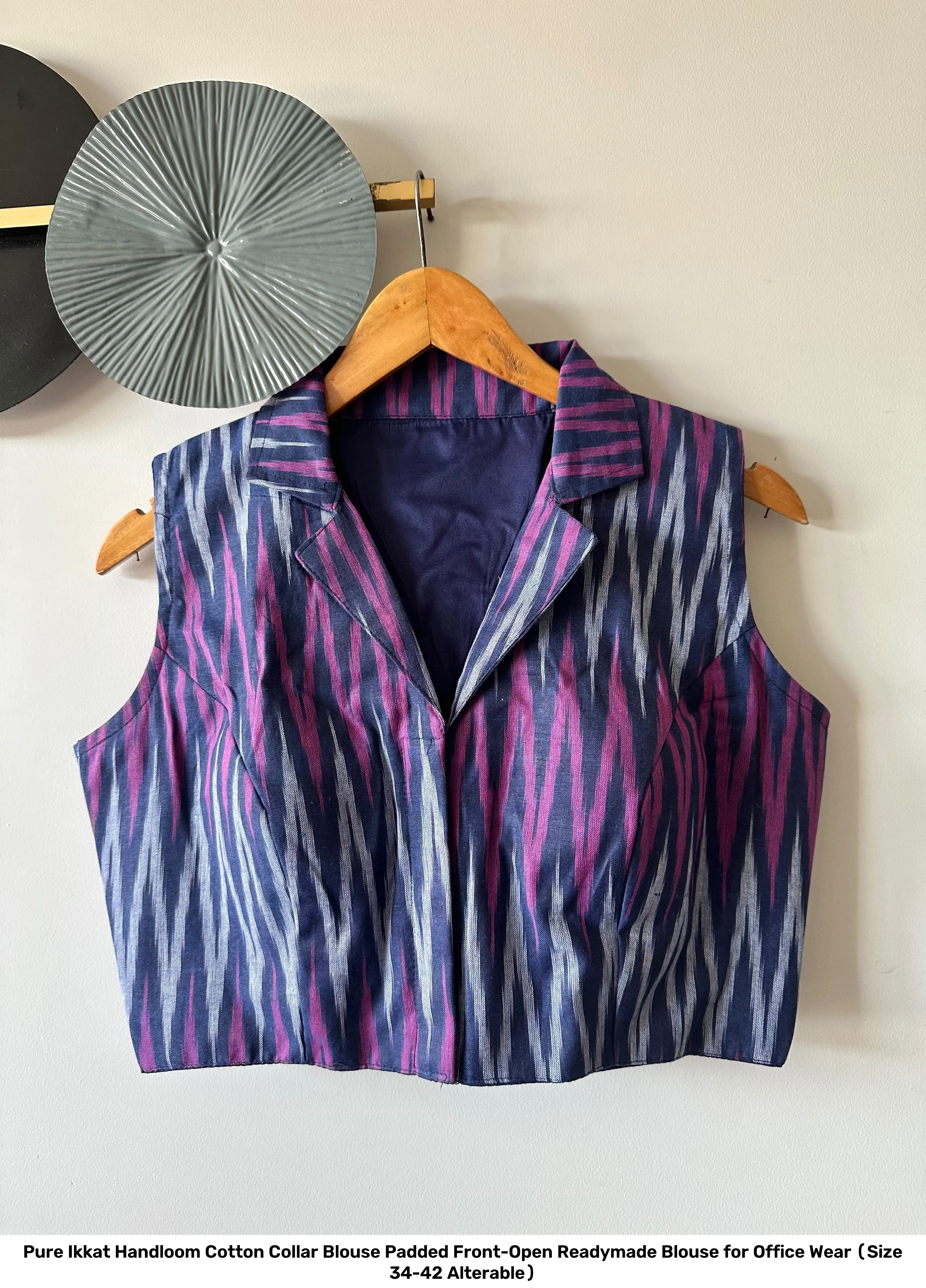 Pure Ikkat Handloom Cotton Collar Blouse – Padded Front-Open Readymade Blouse for Office Wear (Size 34-42 Alterable) 11