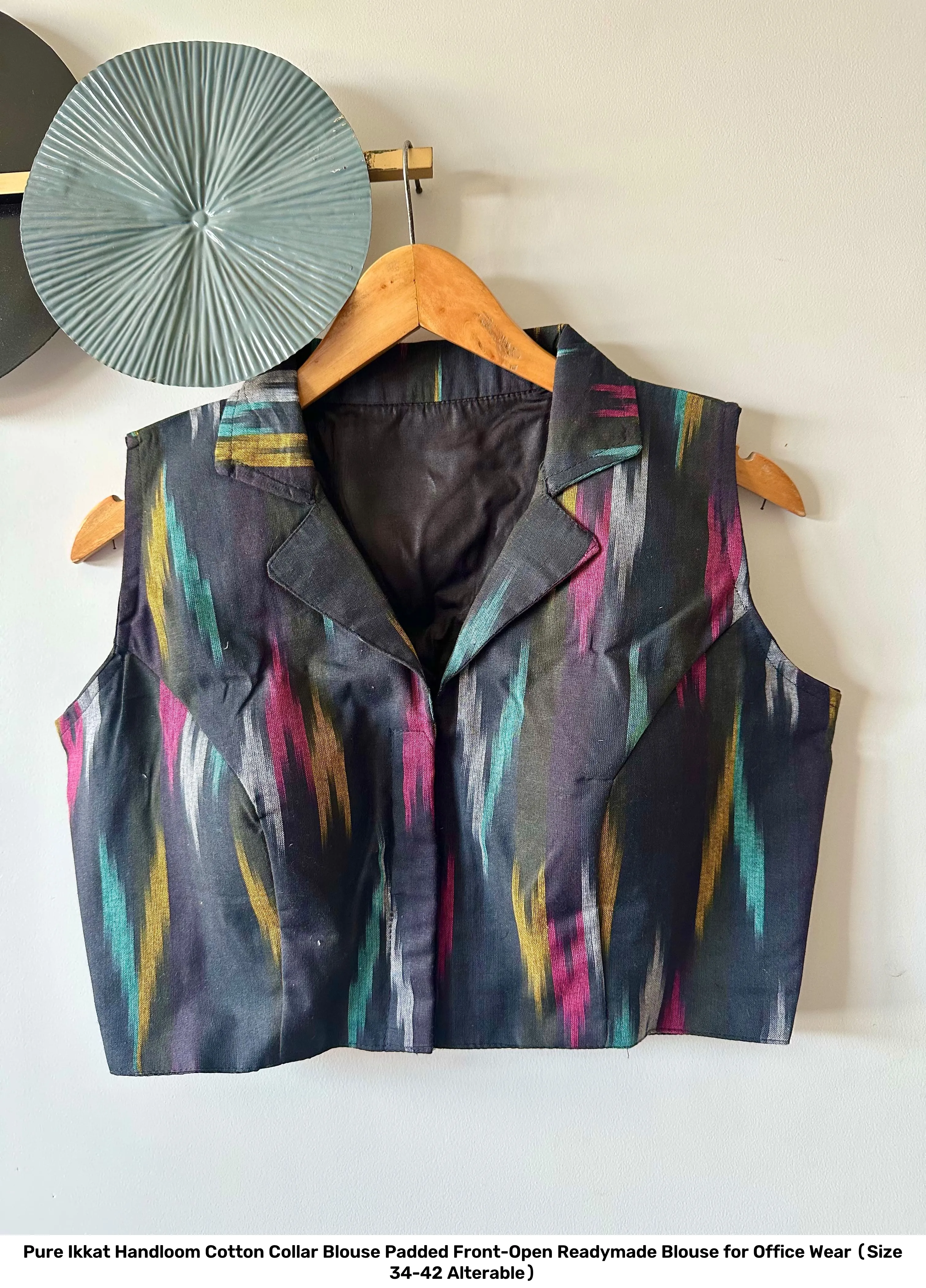 Pure Ikkat Handloom Cotton Collar Blouse – Padded Front-Open Readymade Blouse for Office Wear (Size 34-42 Alterable) 12