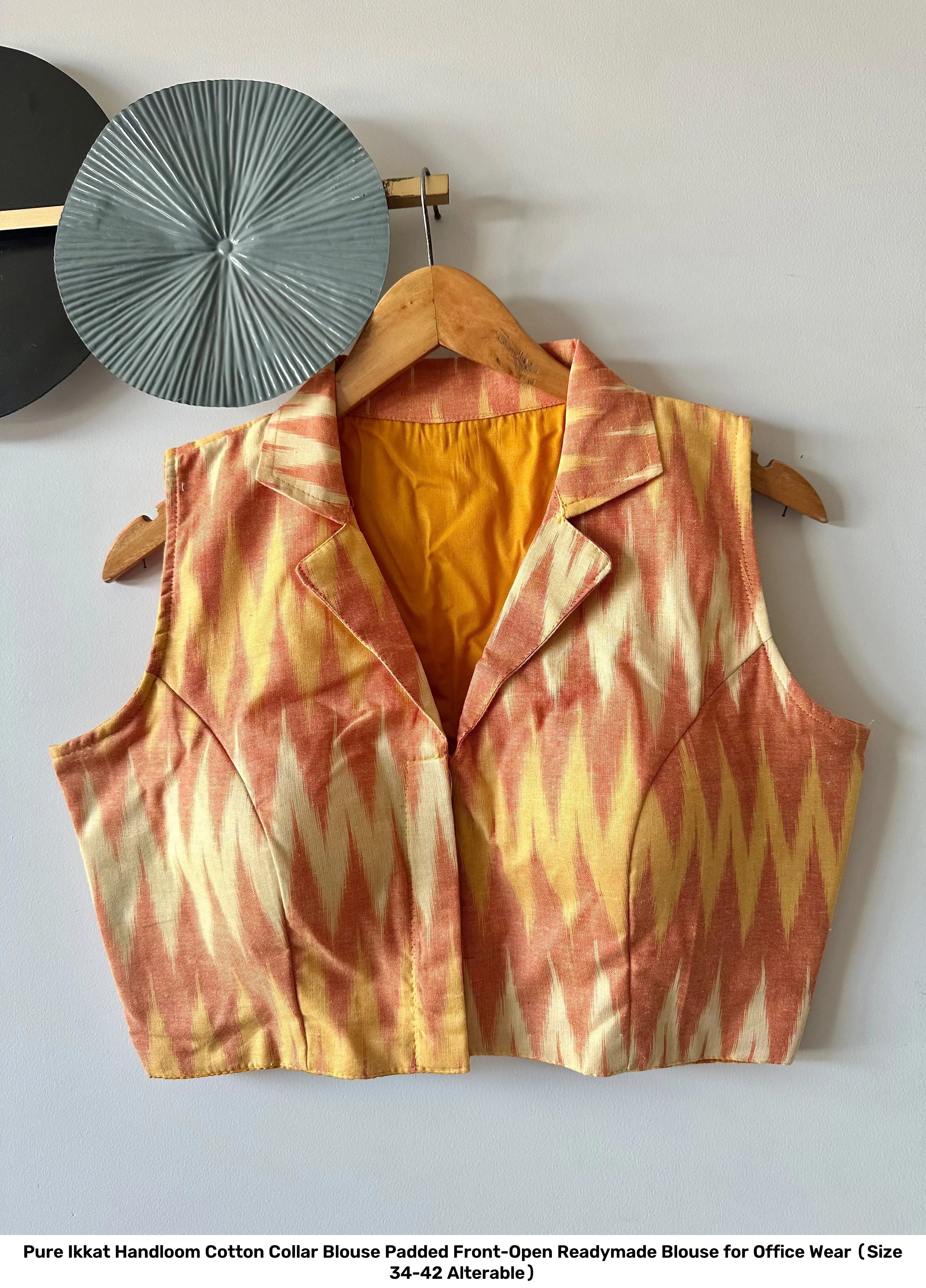 Pure Ikkat Handloom Cotton Collar Blouse – Padded Front-Open Readymade Blouse for Office Wear (Size 34-42 Alterable) 13