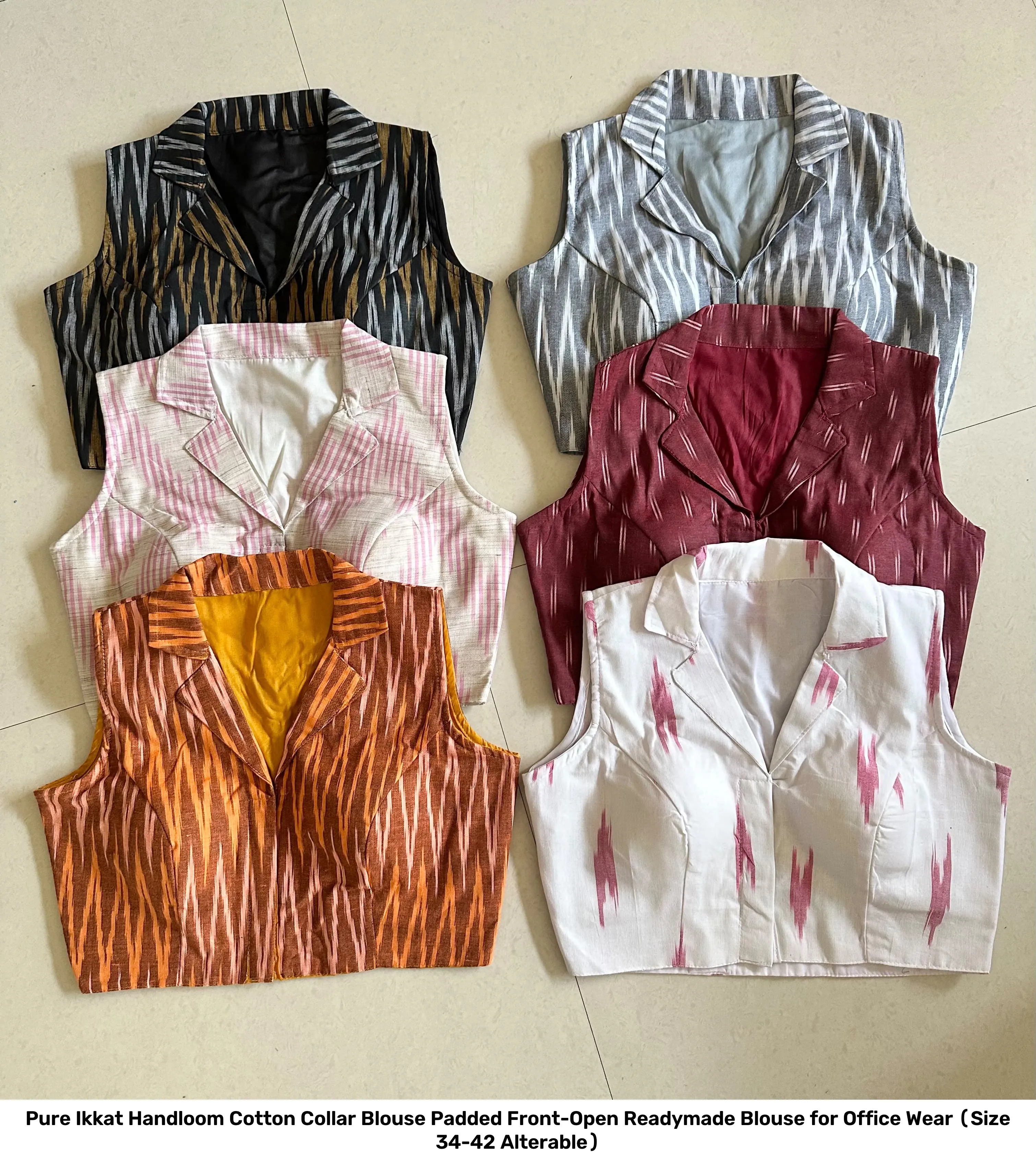 Pure Ikkat Handloom Cotton Collar Blouse – Padded Front-Open Readymade Blouse for Office Wear (Size 34-42 Alterable) 16