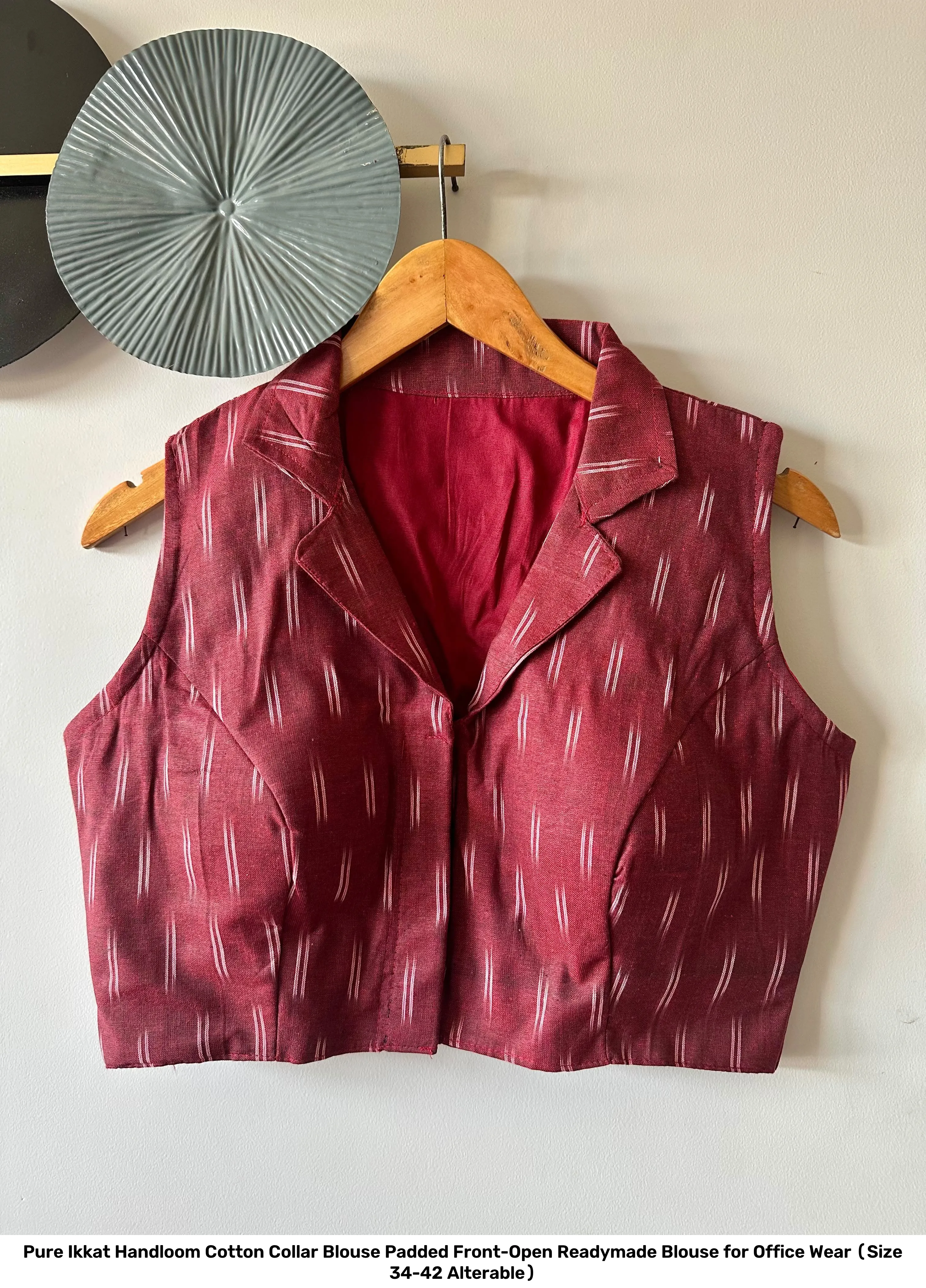 Pure Ikkat Handloom Cotton Collar Blouse – Padded Front-Open Readymade Blouse for Office Wear (Size 34-42 Alterable) 17