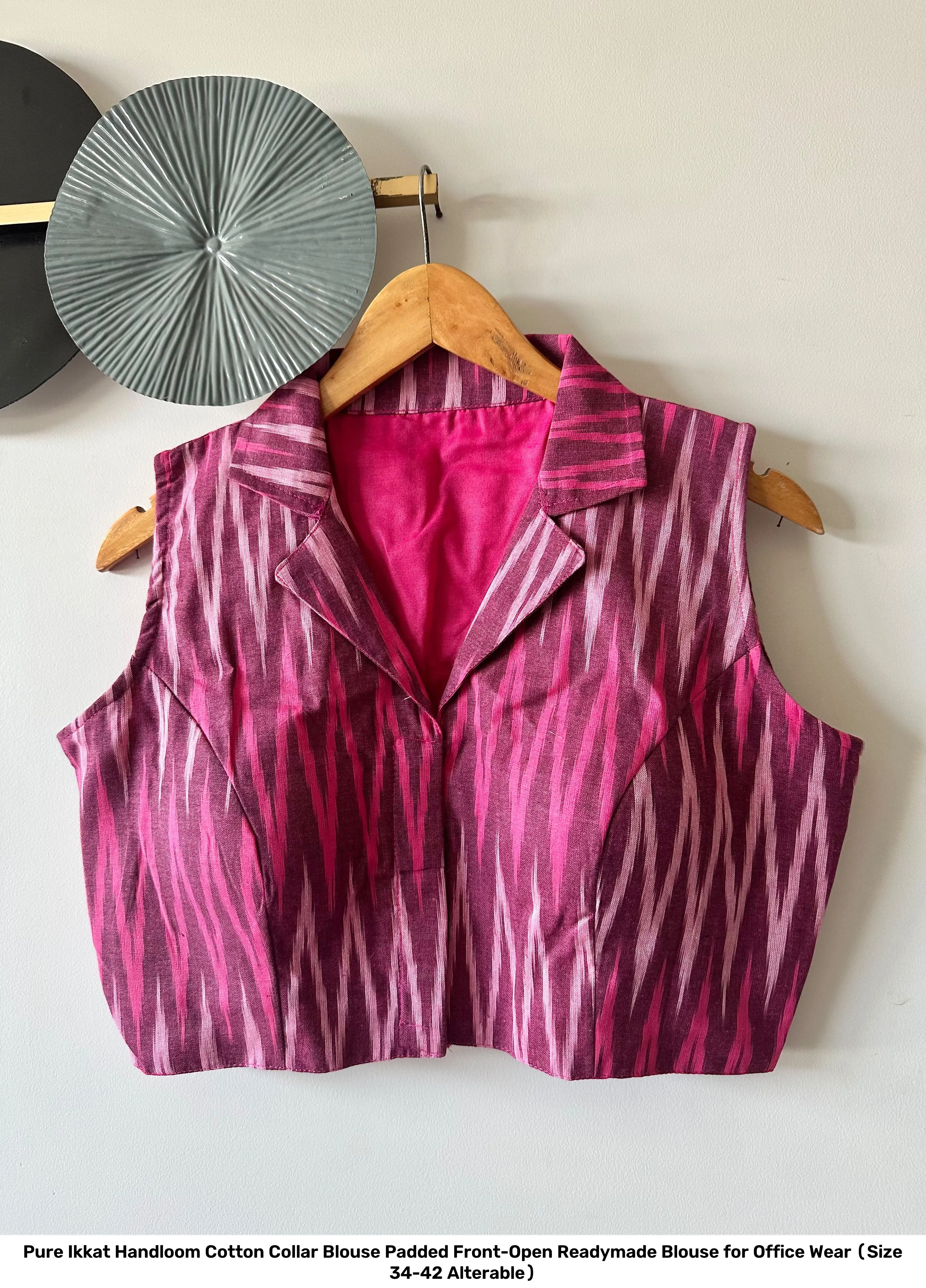 Pure Ikkat Handloom Cotton Collar Blouse – Padded Front-Open Readymade Blouse for Office Wear (Size 34-42 Alterable) 18