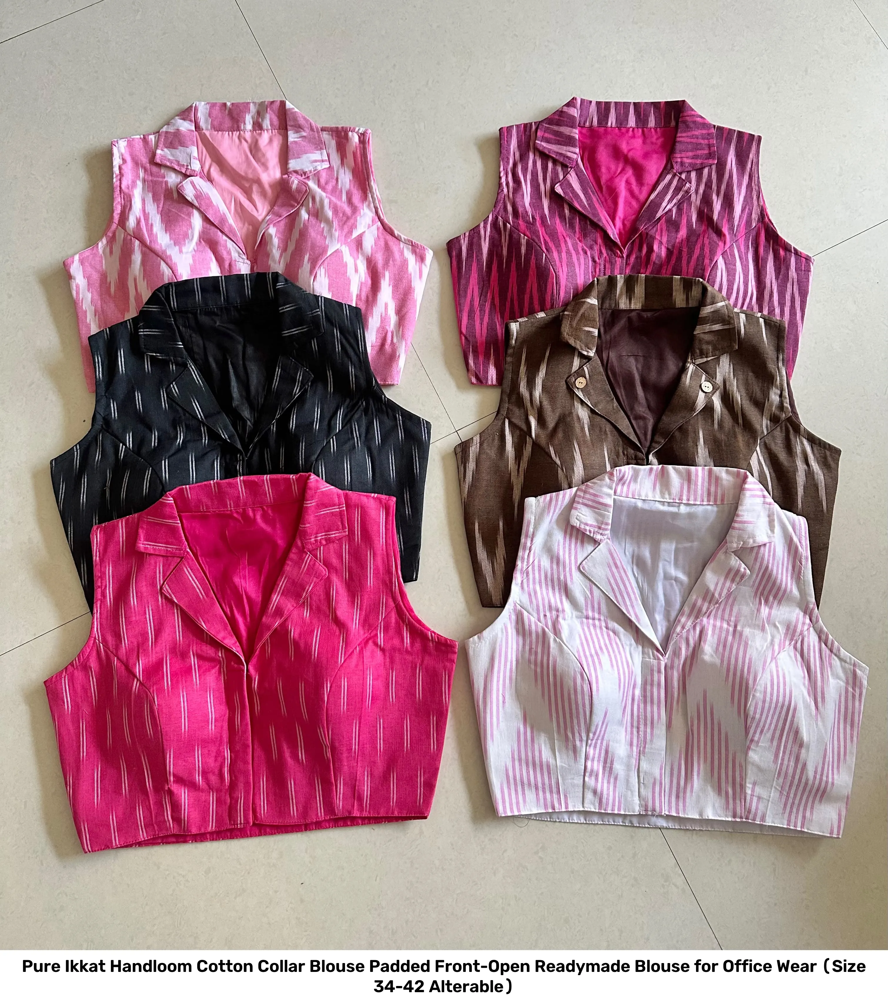 Pure Ikkat Handloom Cotton Collar Blouse – Padded Front-Open Readymade Blouse for Office Wear (Size 34-42 Alterable) 19