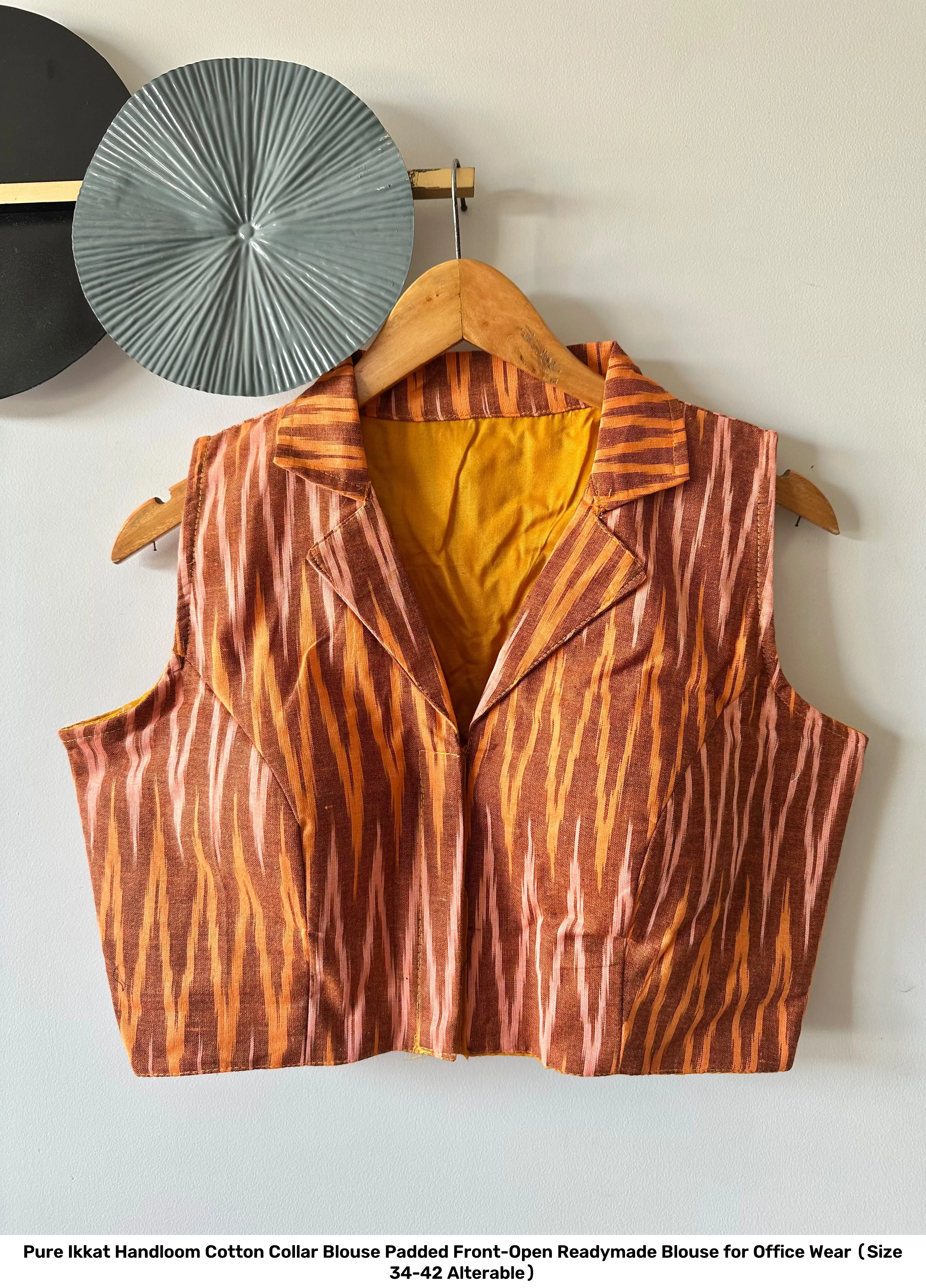 Pure Ikkat Handloom Cotton Collar Blouse – Padded Front-Open Readymade Blouse for Office Wear (Size 34-42 Alterable) 20