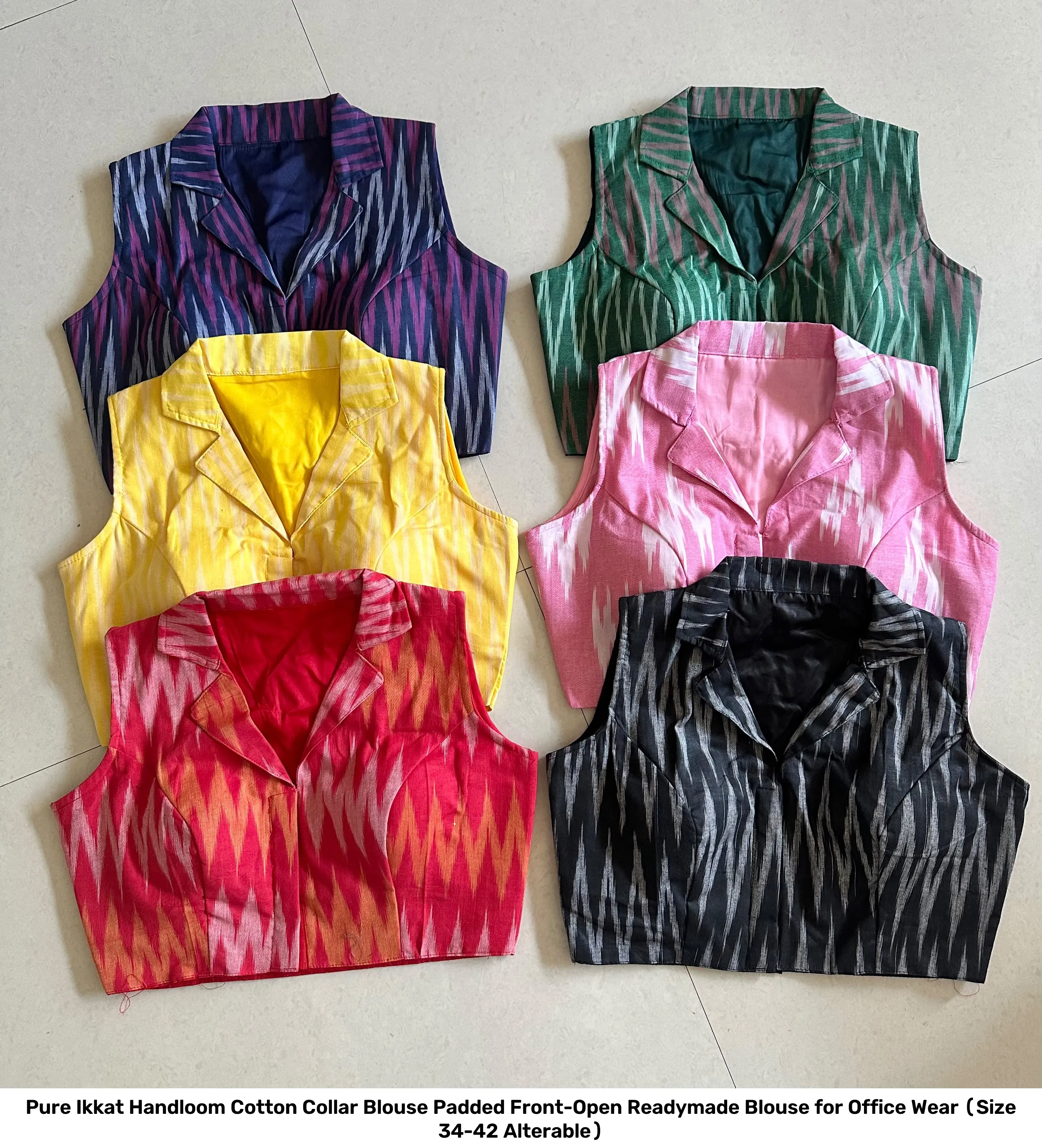 Pure Ikkat Handloom Cotton Collar Blouse – Padded Front-Open Readymade Blouse for Office Wear (Size 34-42 Alterable) 22