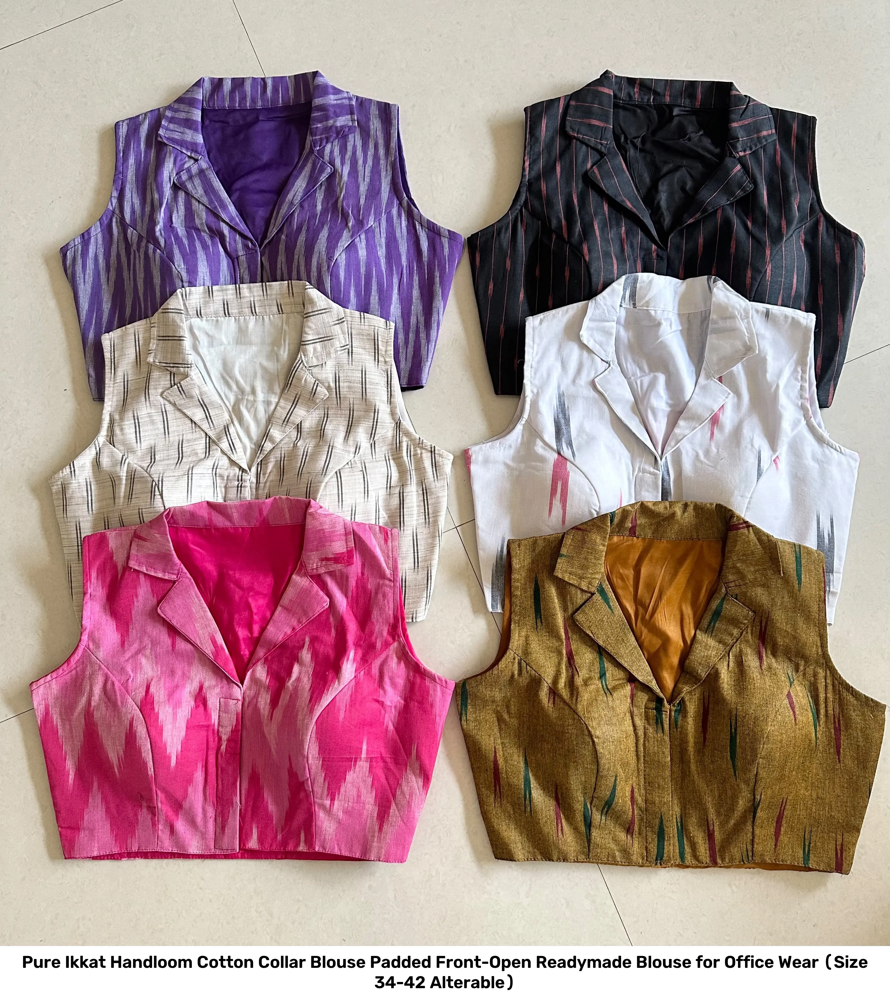 Pure Ikkat Handloom Cotton Collar Blouse – Padded Front-Open Readymade Blouse for Office Wear (Size 34-42 Alterable) 23