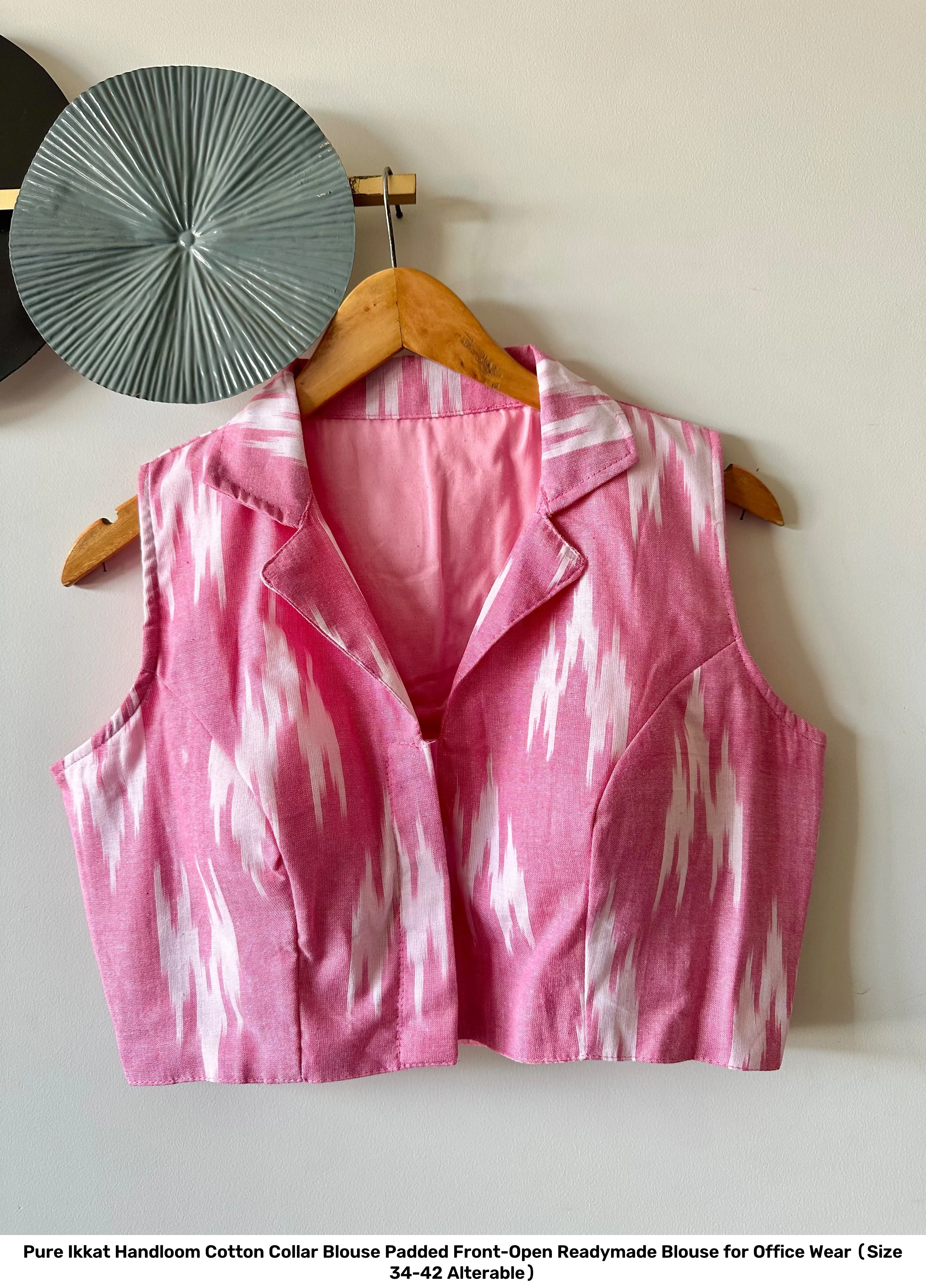 Pure Ikkat Handloom Cotton Collar Blouse – Padded Front-Open Readymade Blouse for Office Wear (Size 34-42 Alterable) 24