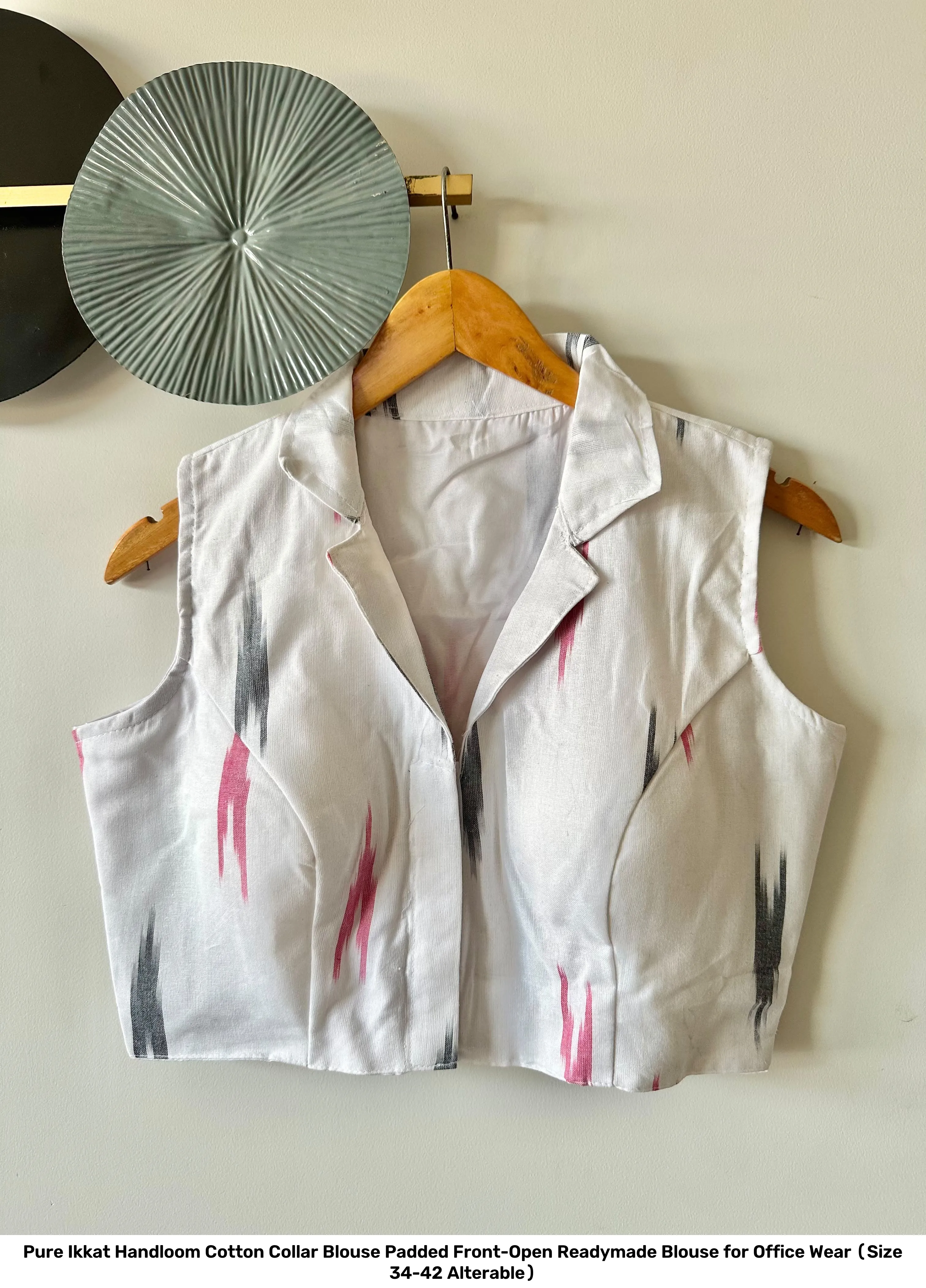 Pure Ikkat Handloom Cotton Collar Blouse – Padded Front-Open Readymade Blouse for Office Wear (Size 34-42 Alterable) 28