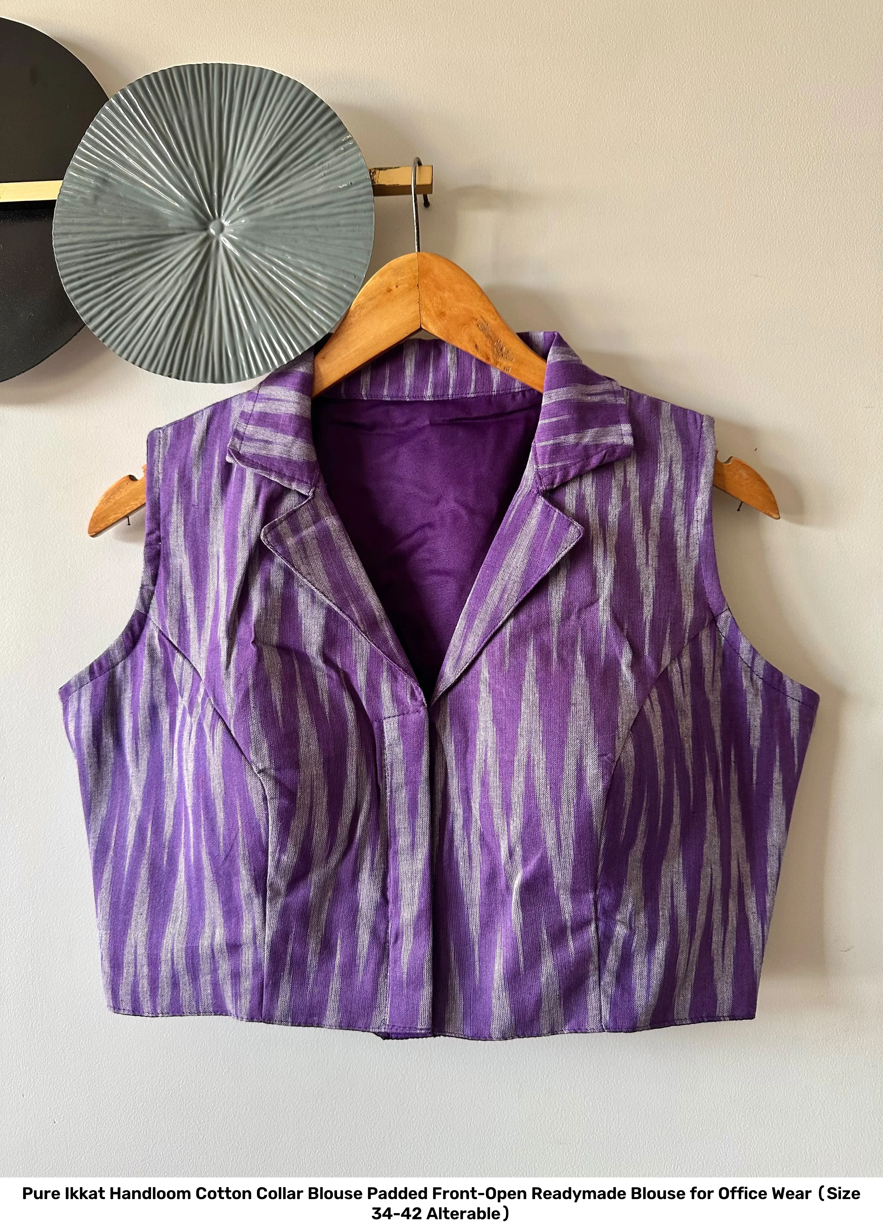 Pure Ikkat Handloom Cotton Collar Blouse – Padded Front-Open Readymade Blouse for Office Wear (Size 34-42 Alterable) 29