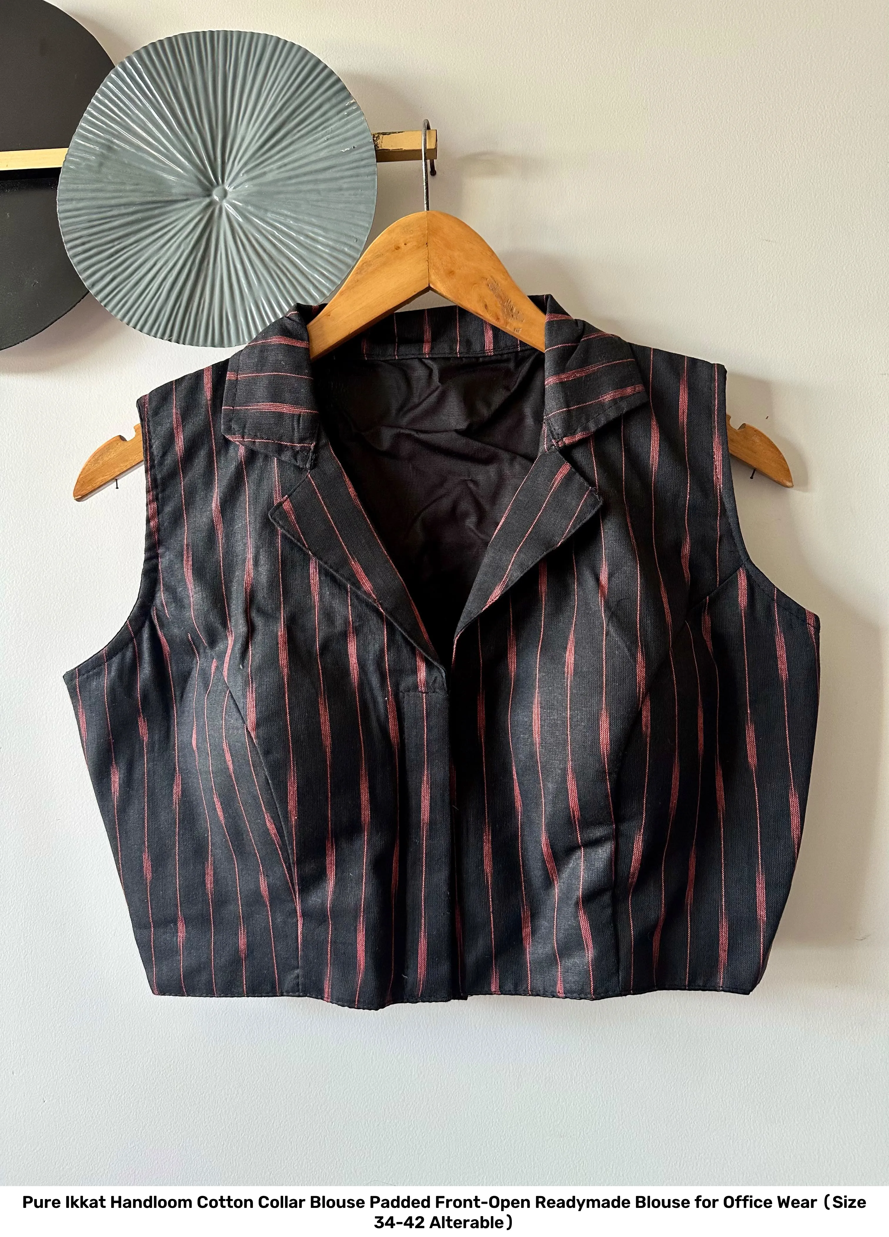 Pure Ikkat Handloom Cotton Collar Blouse – Padded Front-Open Readymade Blouse for Office Wear (Size 34-42 Alterable) 30