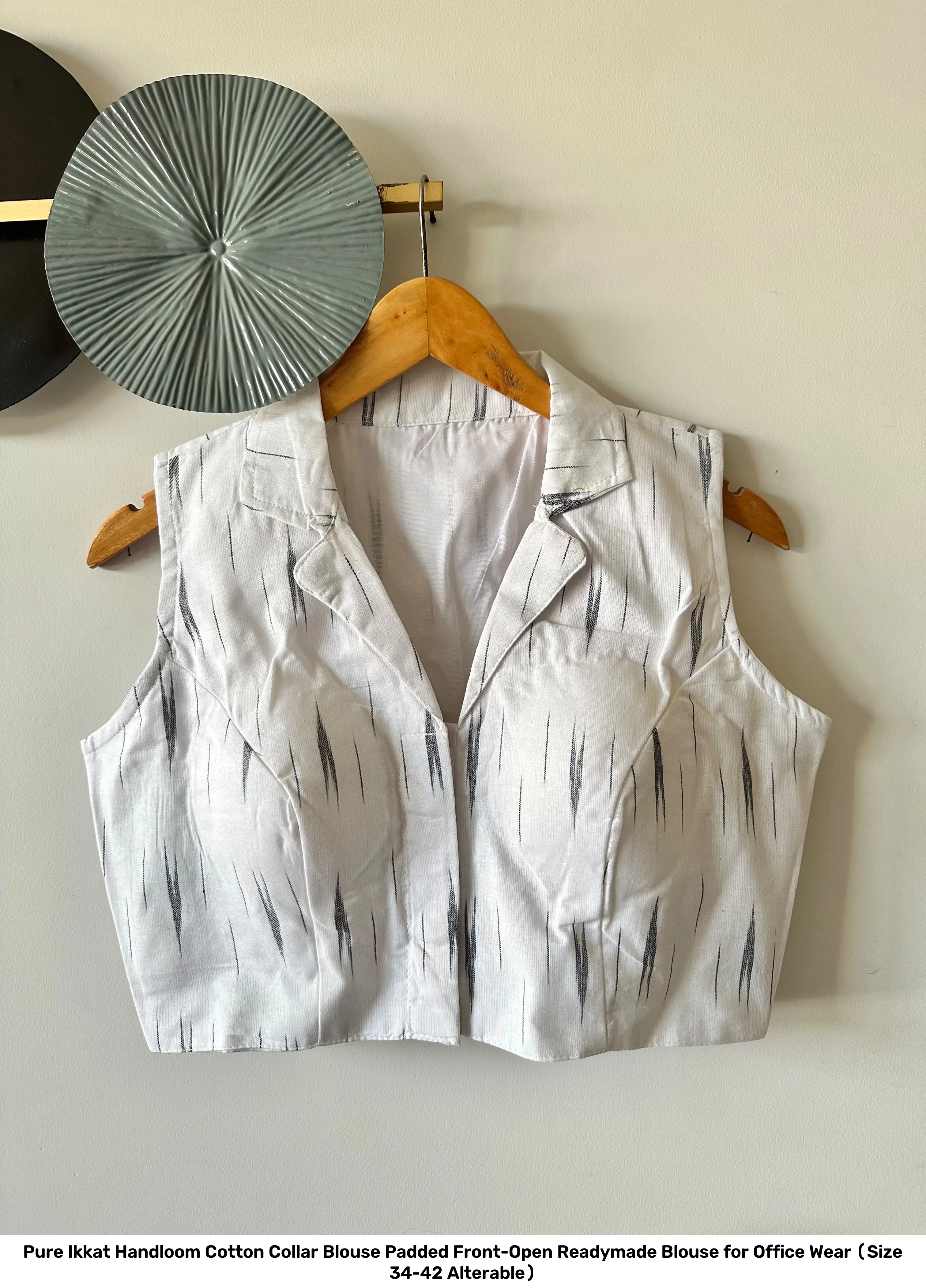 Pure Ikkat Handloom Cotton Collar Blouse – Padded Front-Open Readymade Blouse for Office Wear (Size 34-42 Alterable) 31