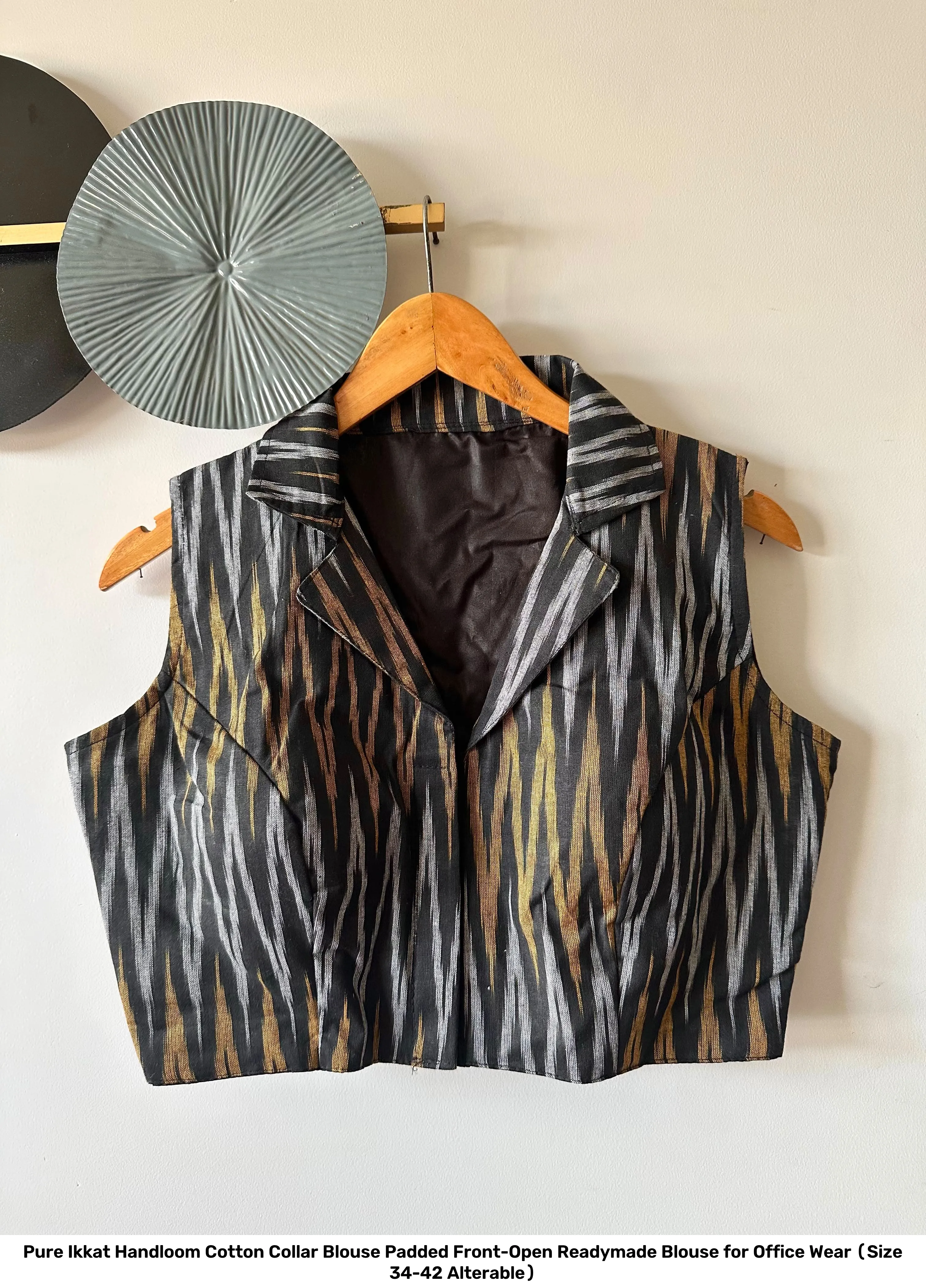 Pure Ikkat Handloom Cotton Collar Blouse – Padded Front-Open Readymade Blouse for Office Wear (Size 34-42 Alterable) 5