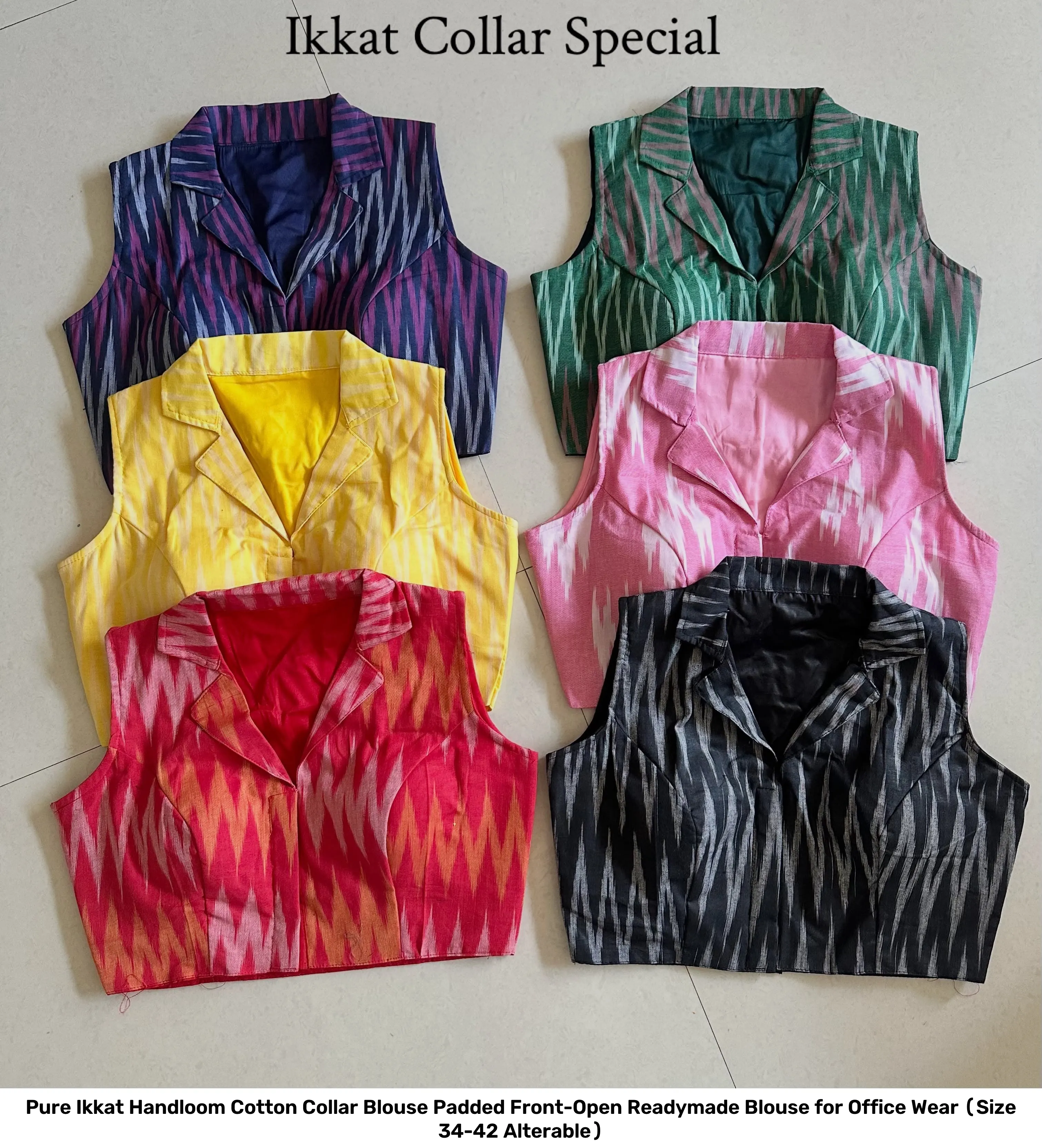 Pure Ikkat Handloom Cotton Collar Blouse – Padded Front-Open Readymade Blouse for Office Wear (Size 34-42 Alterable) 6