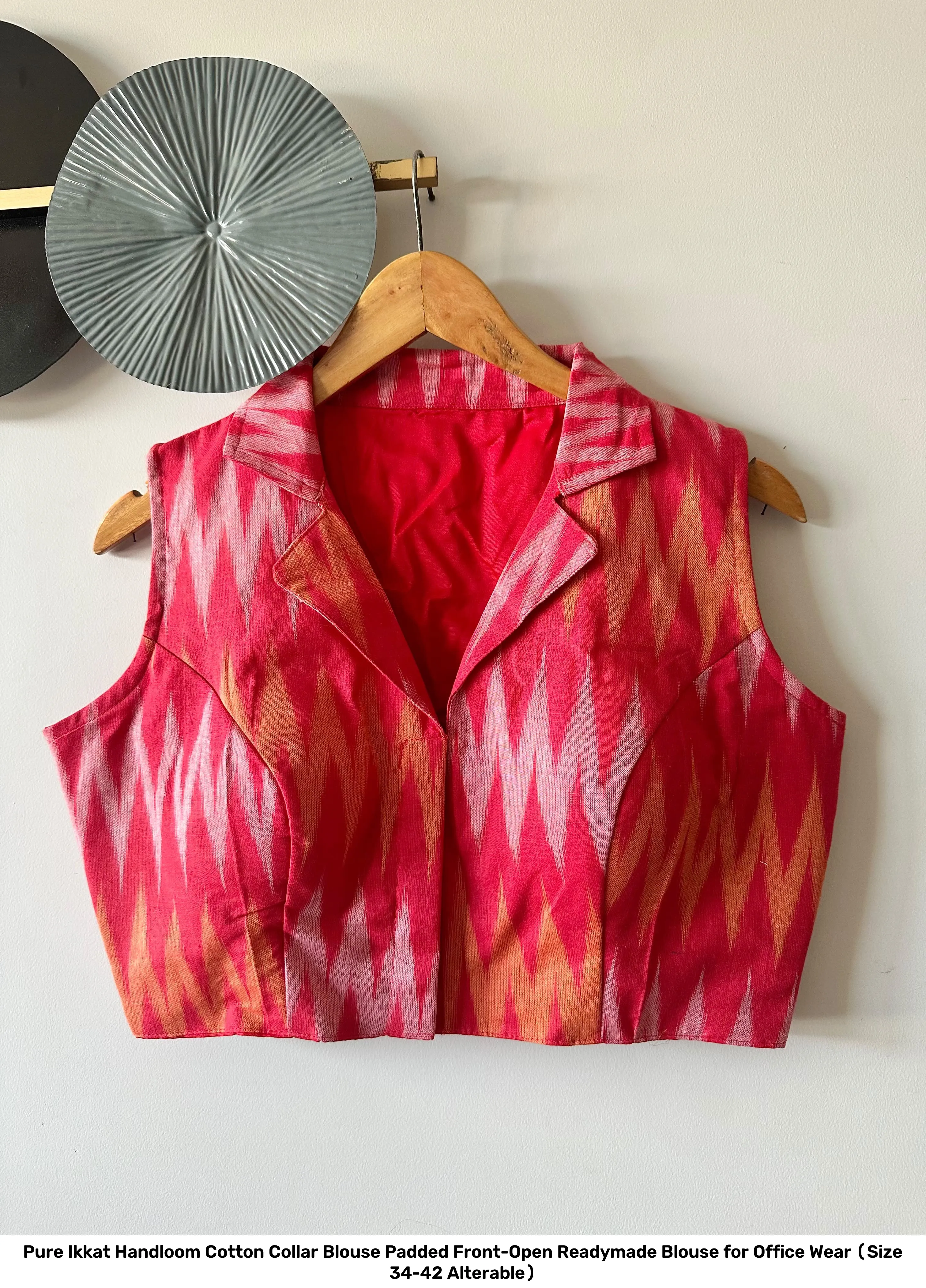 Pure Ikkat Handloom Cotton Collar Blouse – Padded Front-Open Readymade Blouse for Office Wear (Size 34-42 Alterable) 7
