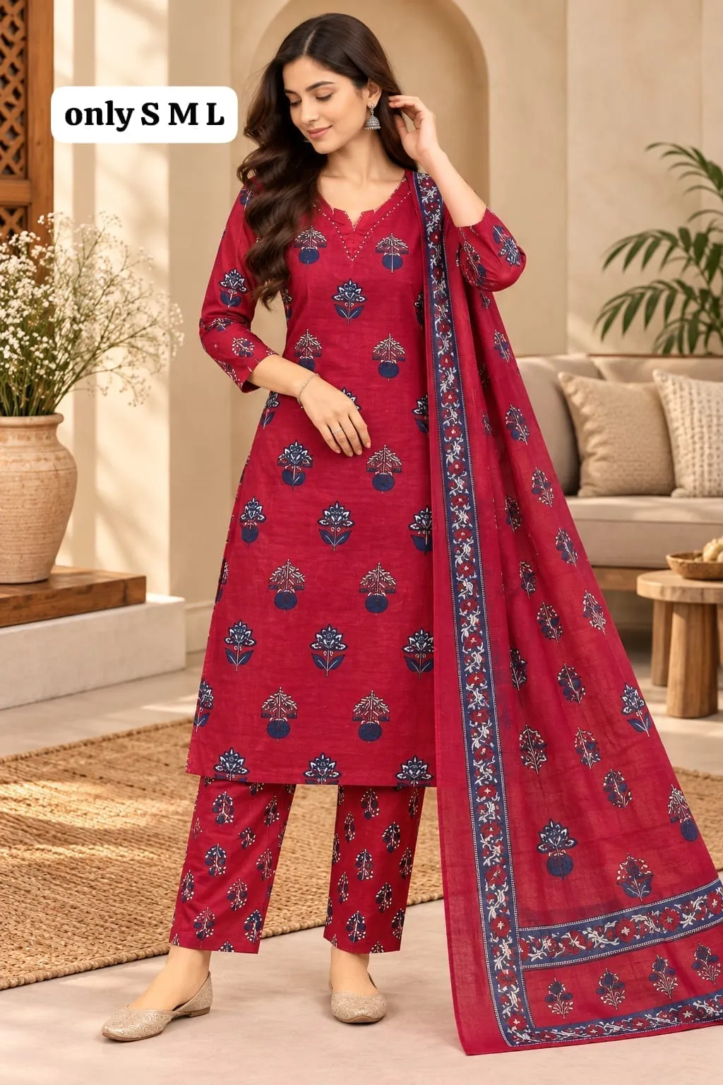 Pure Jaipuri Cotton Kurti Pant Set with Dupatta