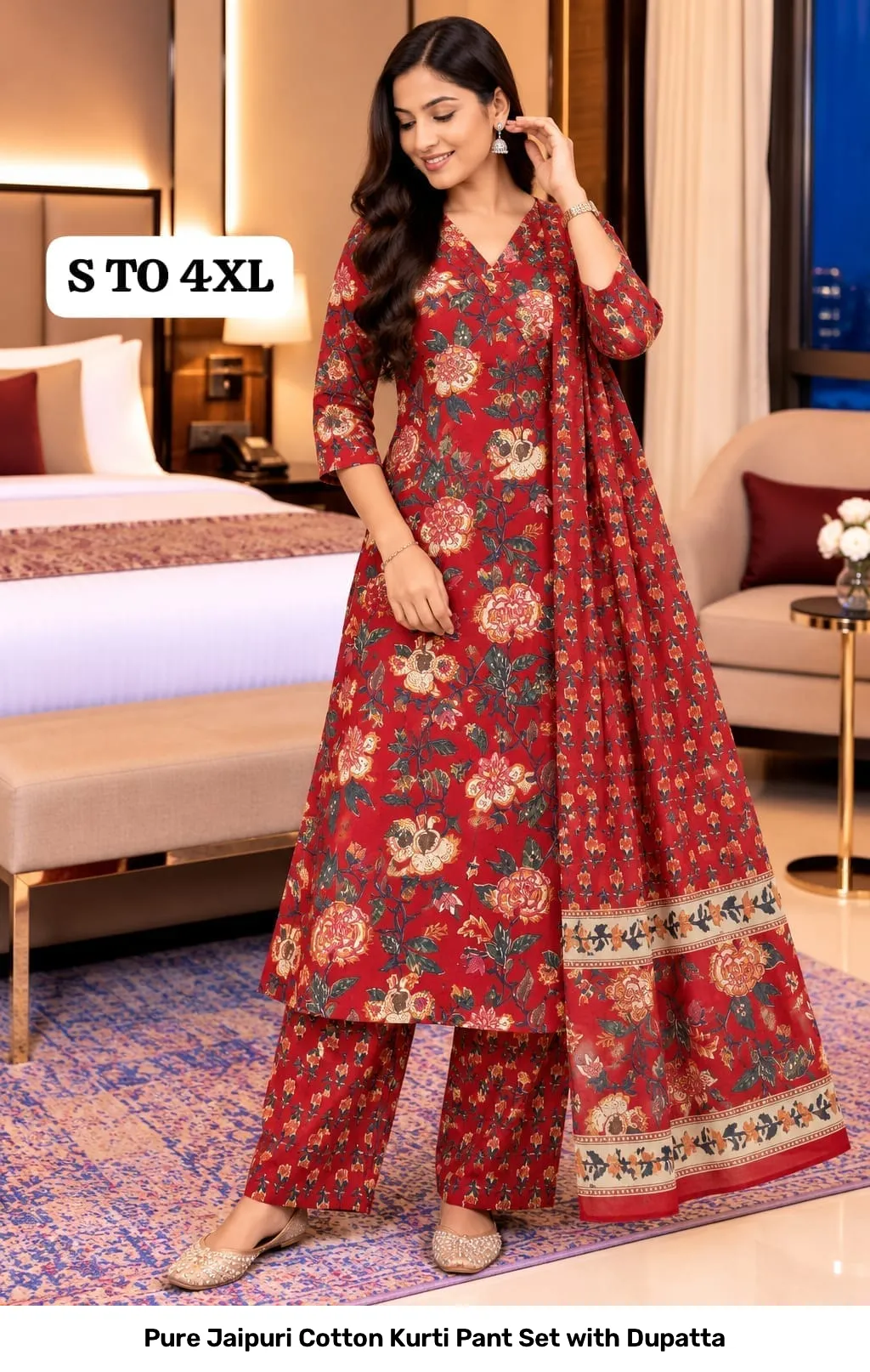 Pure Jaipuri Cotton Kurti Pant Set with Dupatta 11