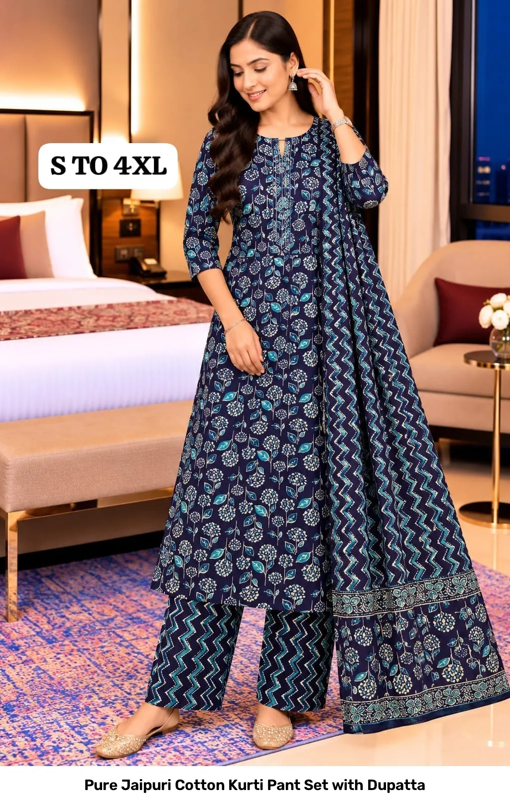 Pure Jaipuri Cotton Kurti Pant Set with Dupatta 12