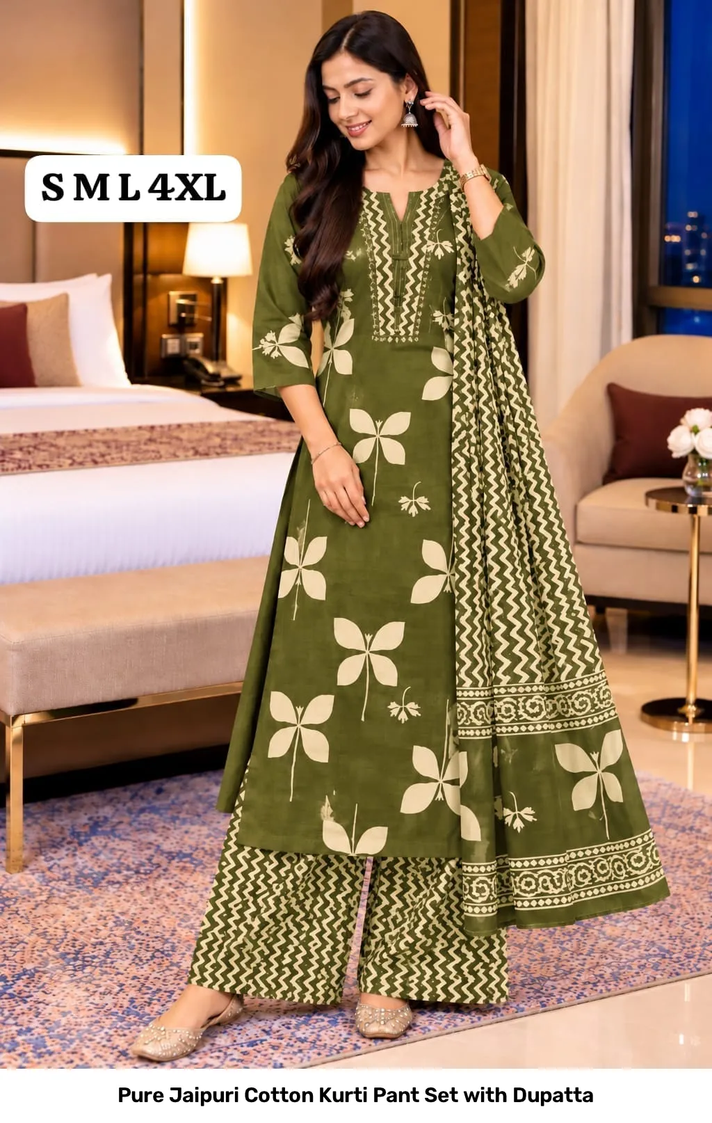 Pure Jaipuri Cotton Kurti Pant Set with Dupatta 13