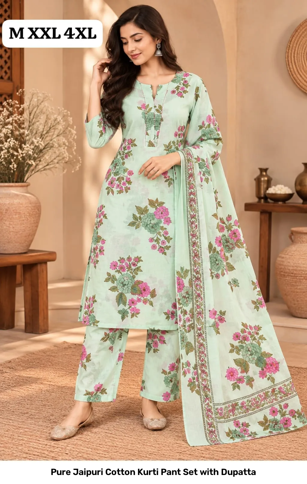 Pure Jaipuri Cotton Kurti Pant Set with Dupatta 14
