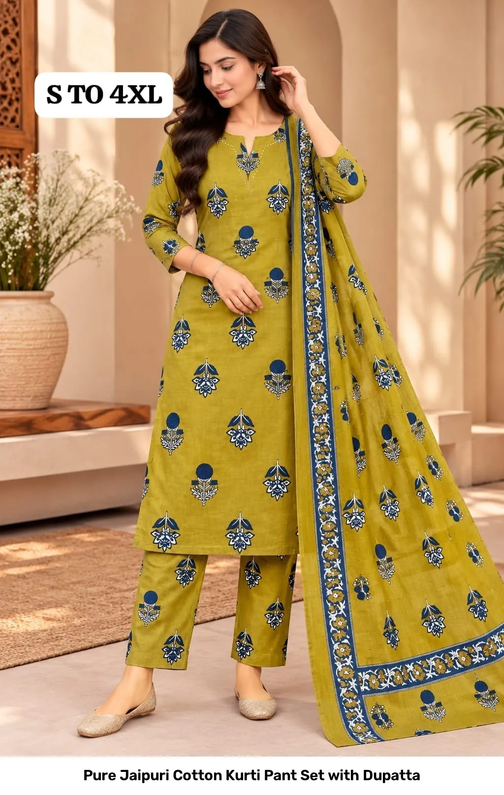 Pure Jaipuri Cotton Kurti Pant Set with Dupatta 15