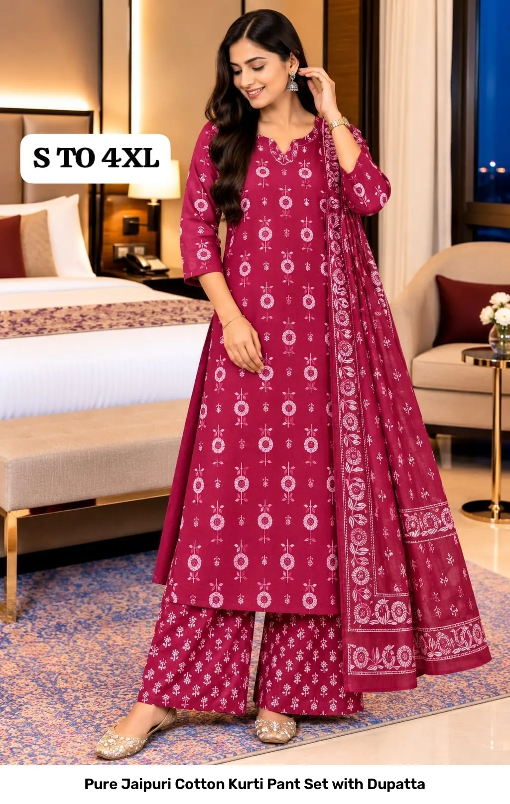 Pure Jaipuri Cotton Kurti Pant Set with Dupatta 16
