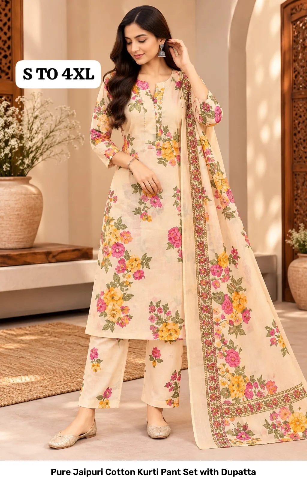 Pure Jaipuri Cotton Kurti Pant Set with Dupatta 17