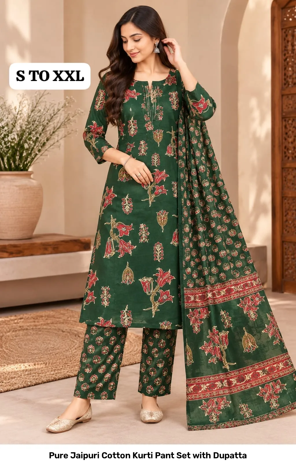 Pure Jaipuri Cotton Kurti Pant Set with Dupatta 18