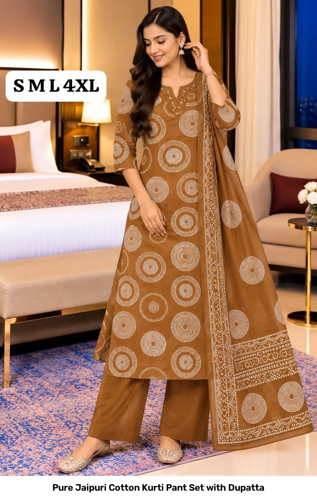 Pure Jaipuri Cotton Kurti Pant Set with Dupatta 19