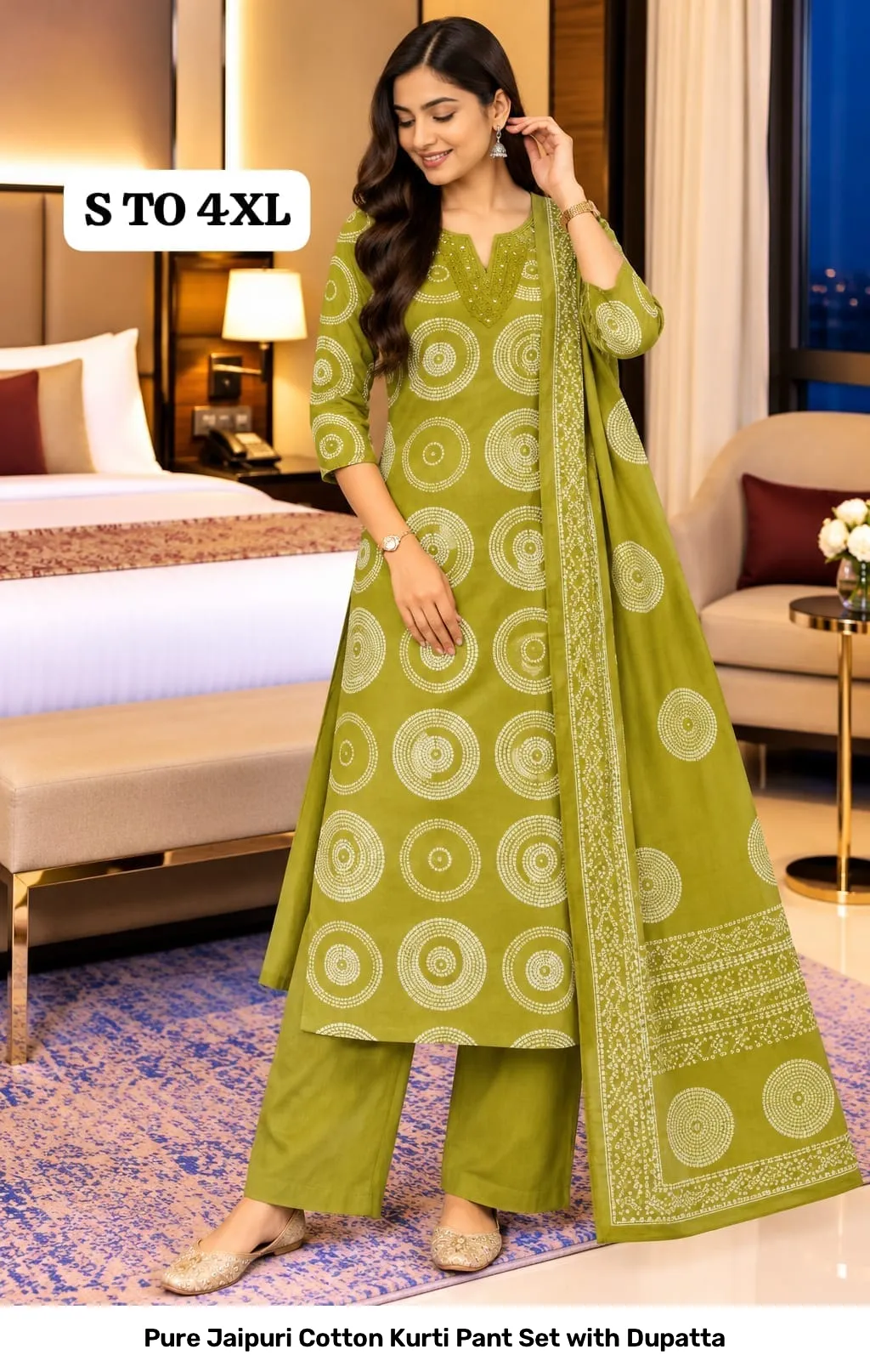 Pure Jaipuri Cotton Kurti Pant Set with Dupatta 2