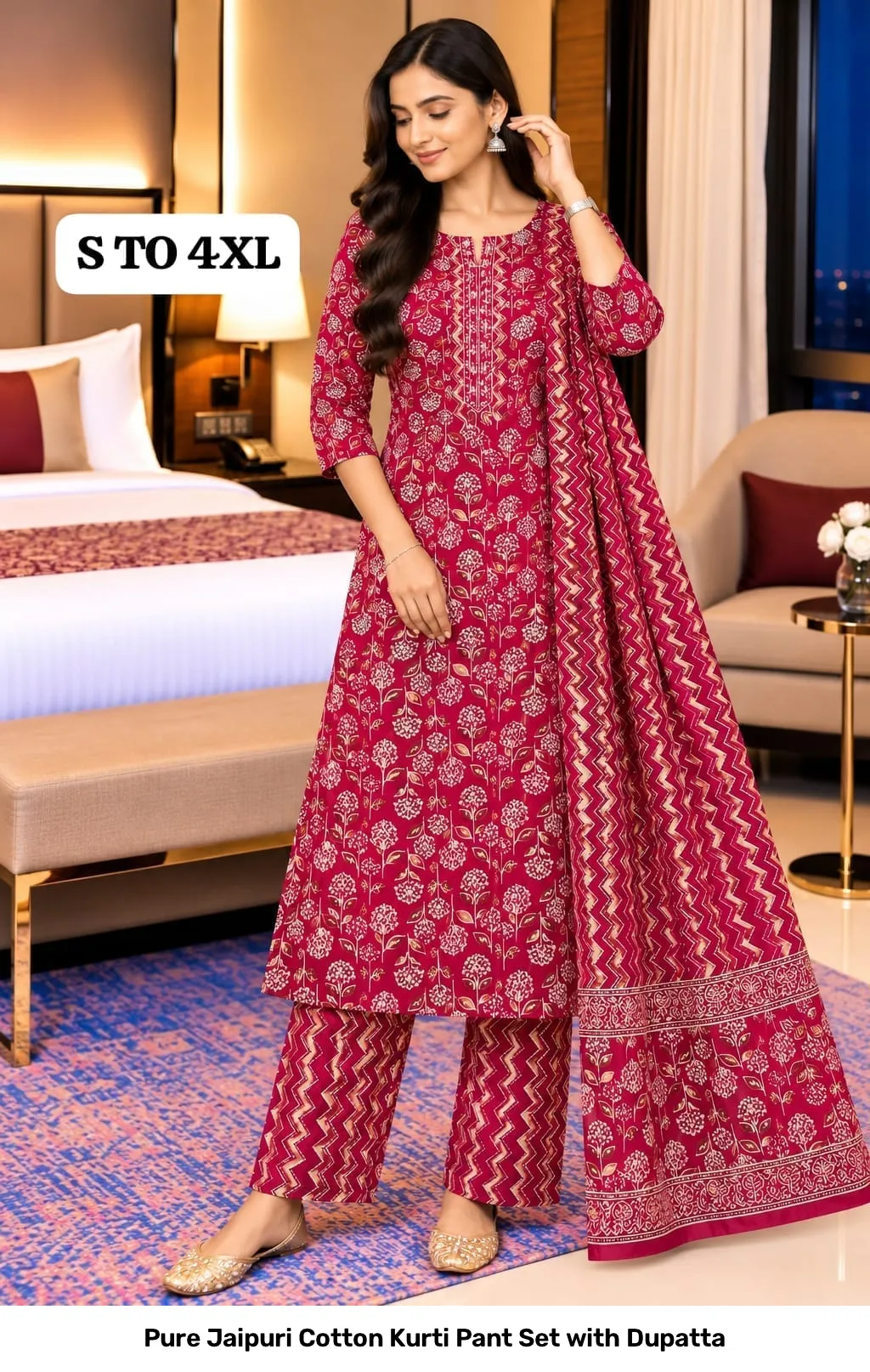 Pure Jaipuri Cotton Kurti Pant Set with Dupatta 20