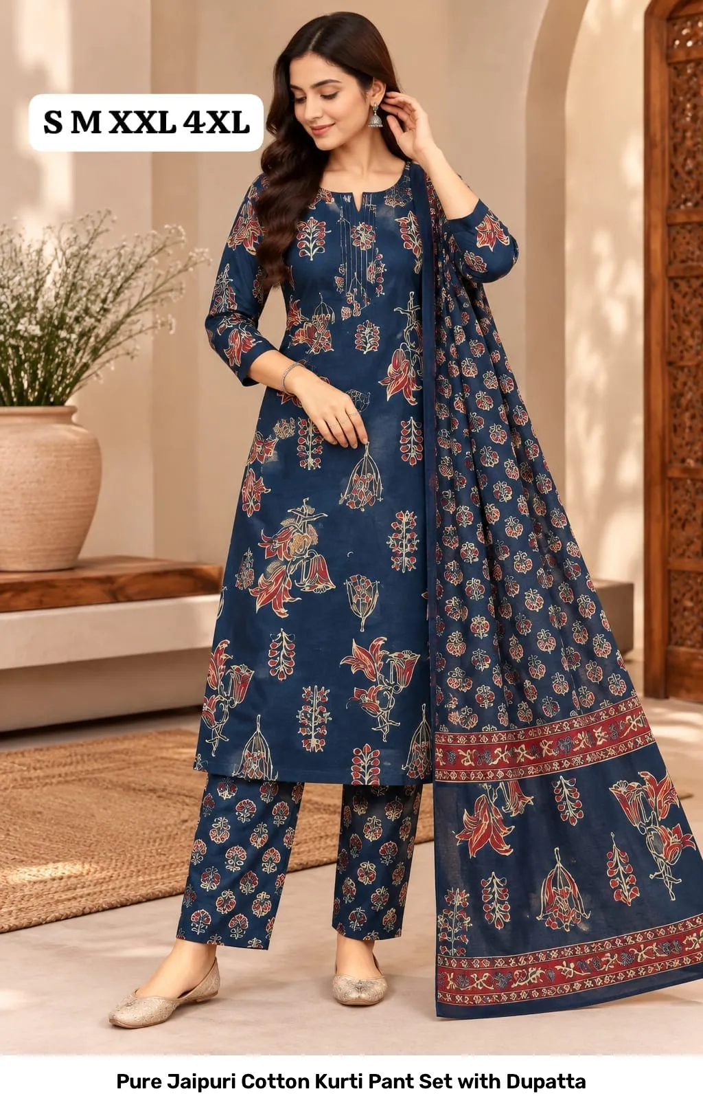 Pure Jaipuri Cotton Kurti Pant Set with Dupatta 21