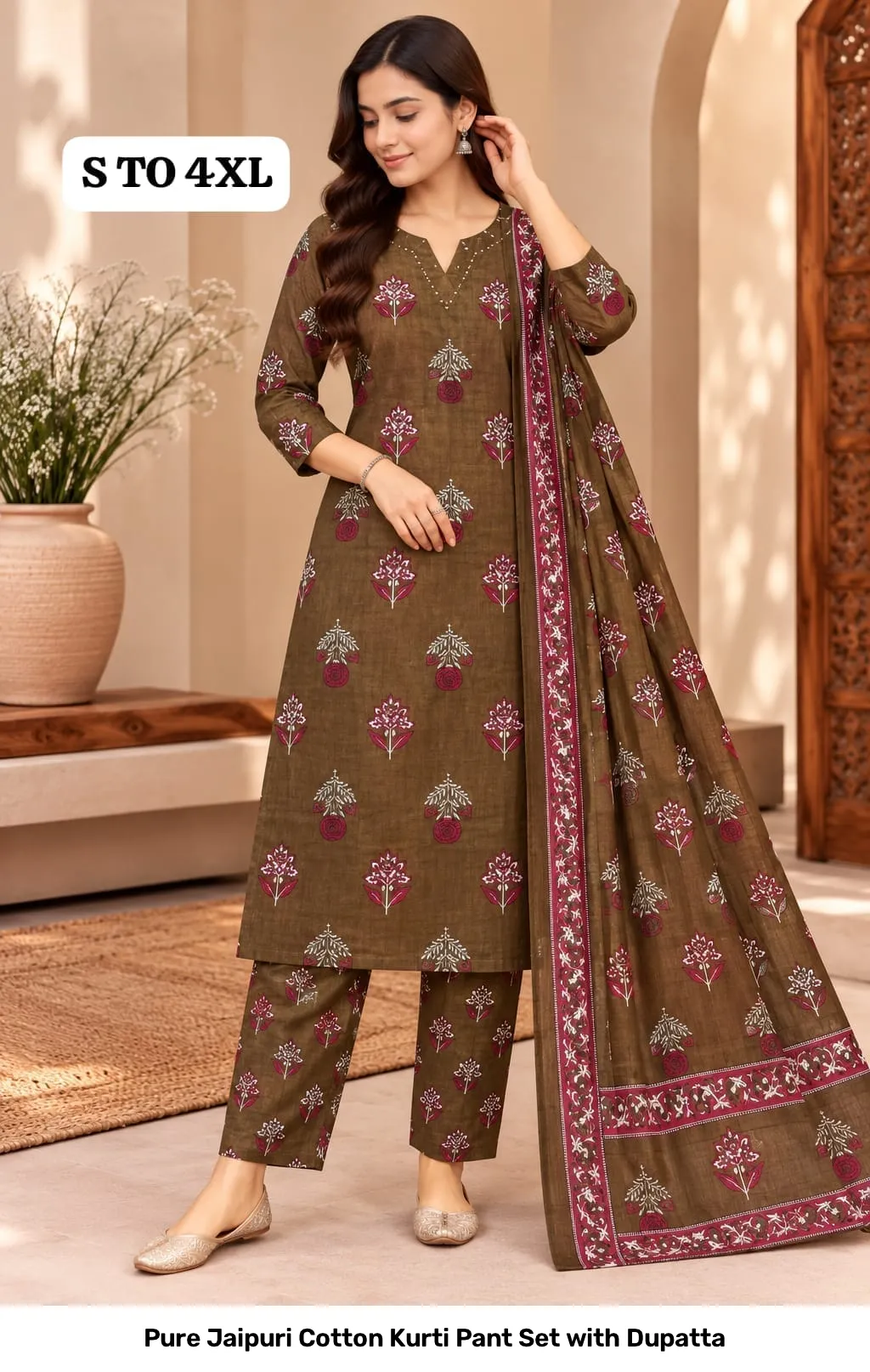 Pure Jaipuri Cotton Kurti Pant Set with Dupatta 22