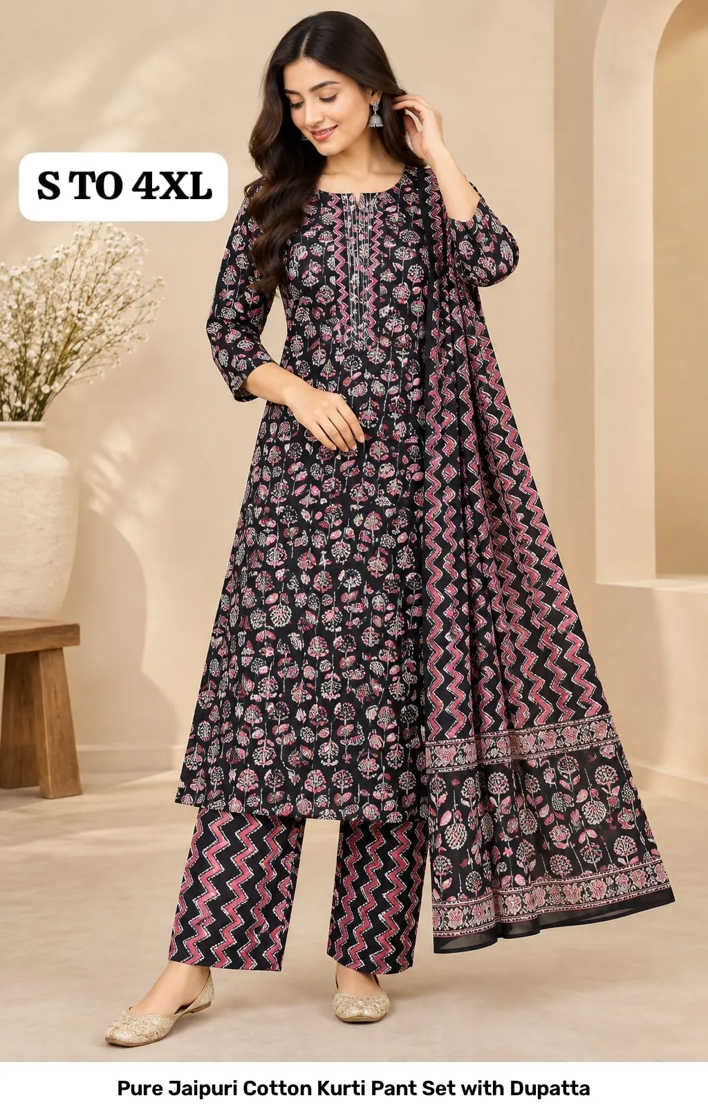 Pure Jaipuri Cotton Kurti Pant Set with Dupatta 23