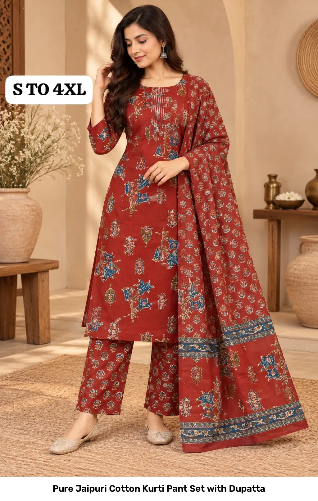Pure Jaipuri Cotton Kurti Pant Set with Dupatta 24