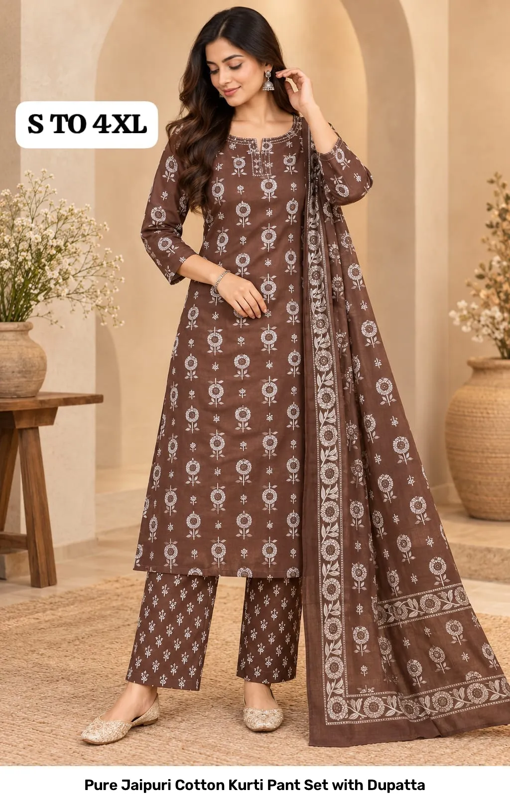 Pure Jaipuri Cotton Kurti Pant Set with Dupatta 26