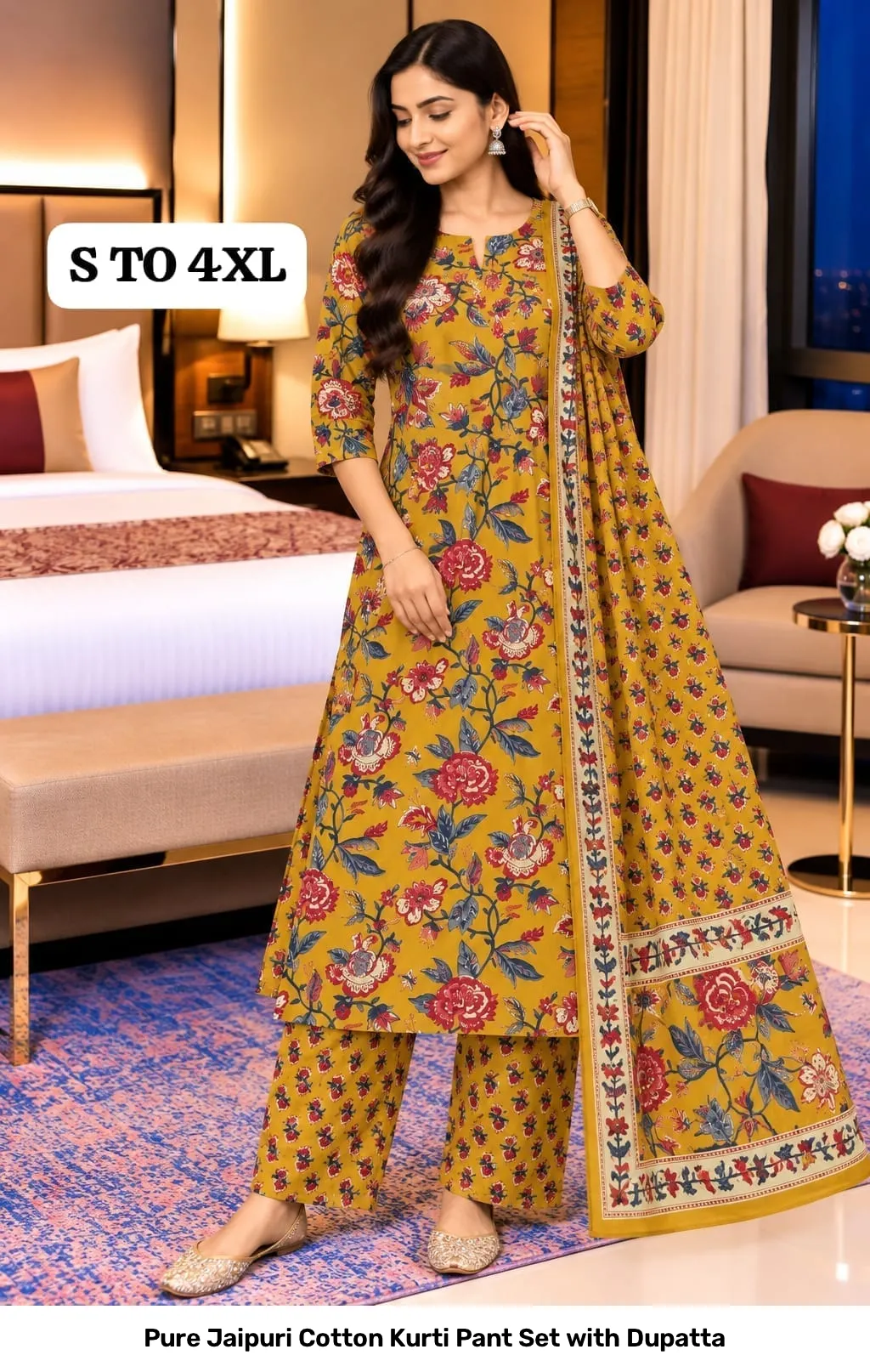 Pure Jaipuri Cotton Kurti Pant Set with Dupatta 27