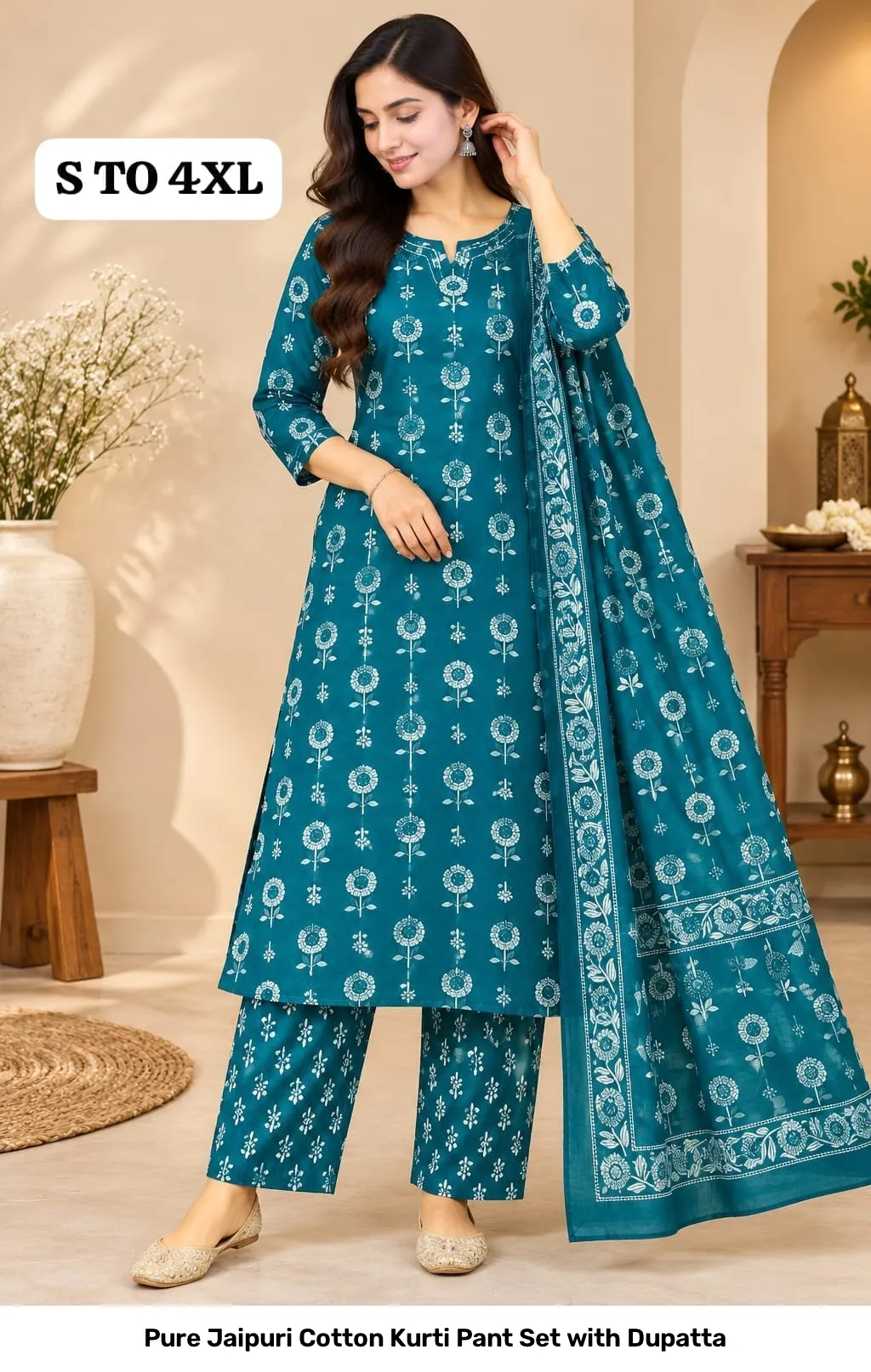 Pure Jaipuri Cotton Kurti Pant Set with Dupatta 28