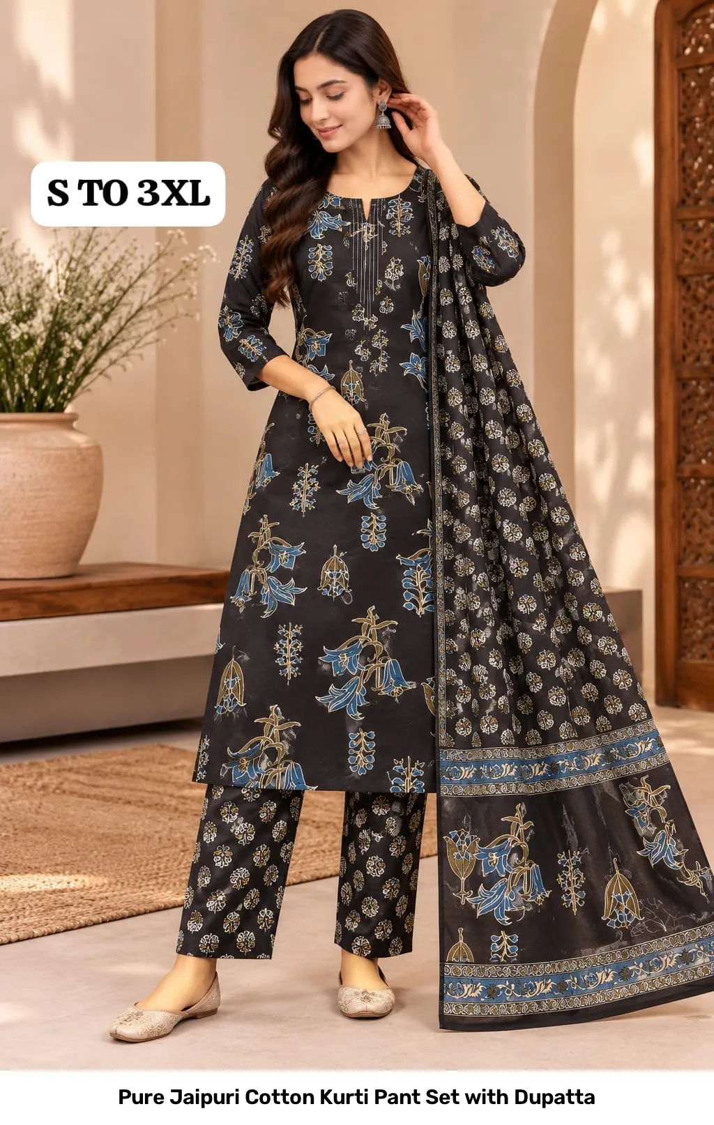 Pure Jaipuri Cotton Kurti Pant Set with Dupatta 29