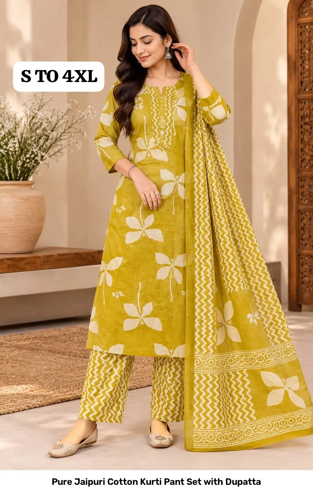 Pure Jaipuri Cotton Kurti Pant Set with Dupatta 3