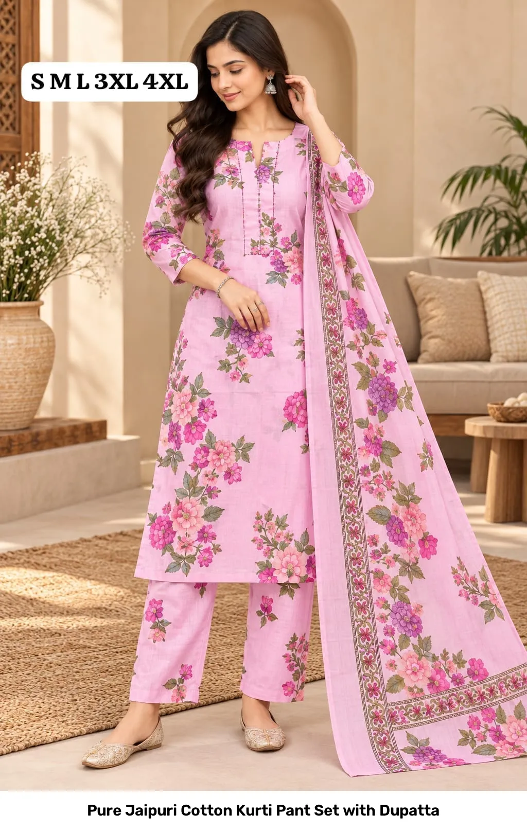 Pure Jaipuri Cotton Kurti Pant Set with Dupatta 5