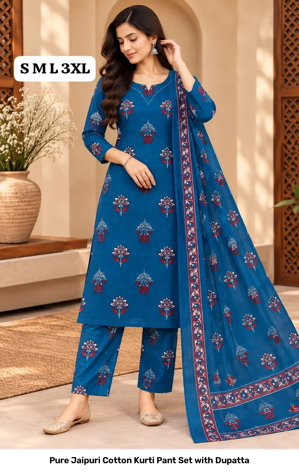 Pure Jaipuri Cotton Kurti Pant Set with Dupatta 6