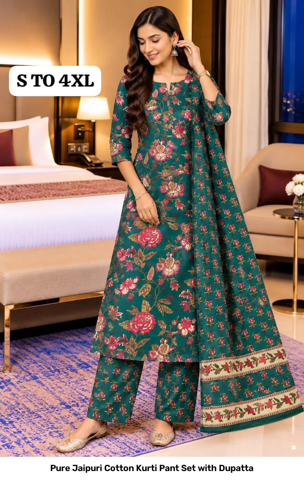 Pure Jaipuri Cotton Kurti Pant Set with Dupatta 7
