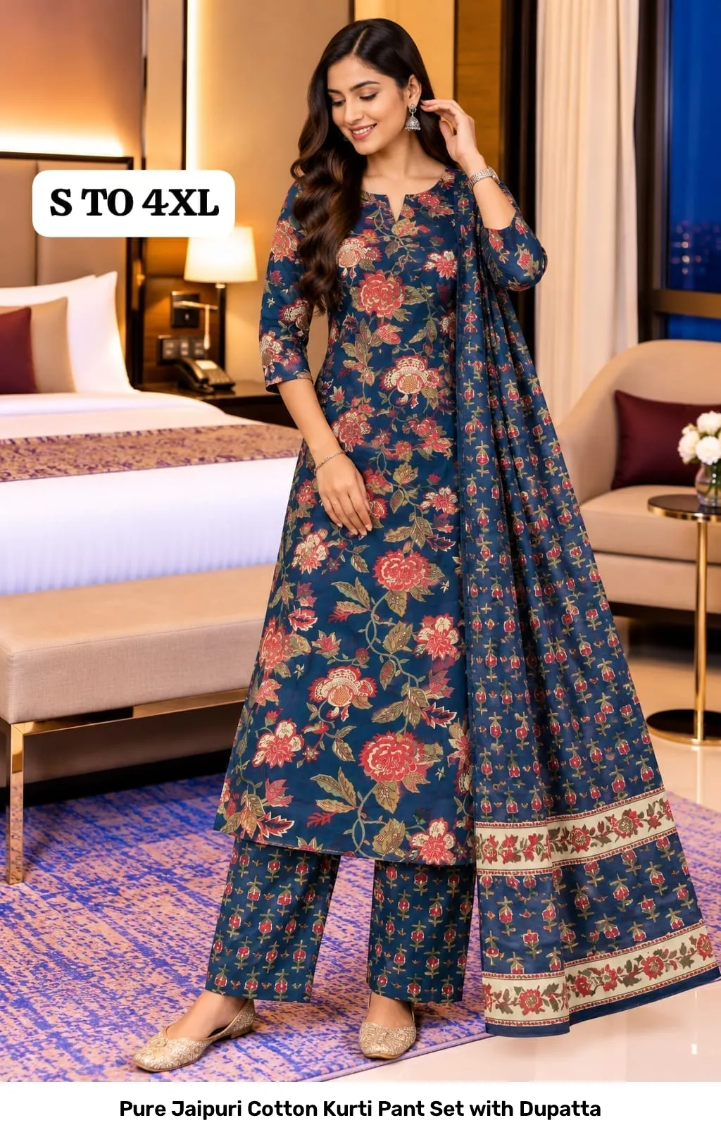 Pure Jaipuri Cotton Kurti Pant Set with Dupatta 8