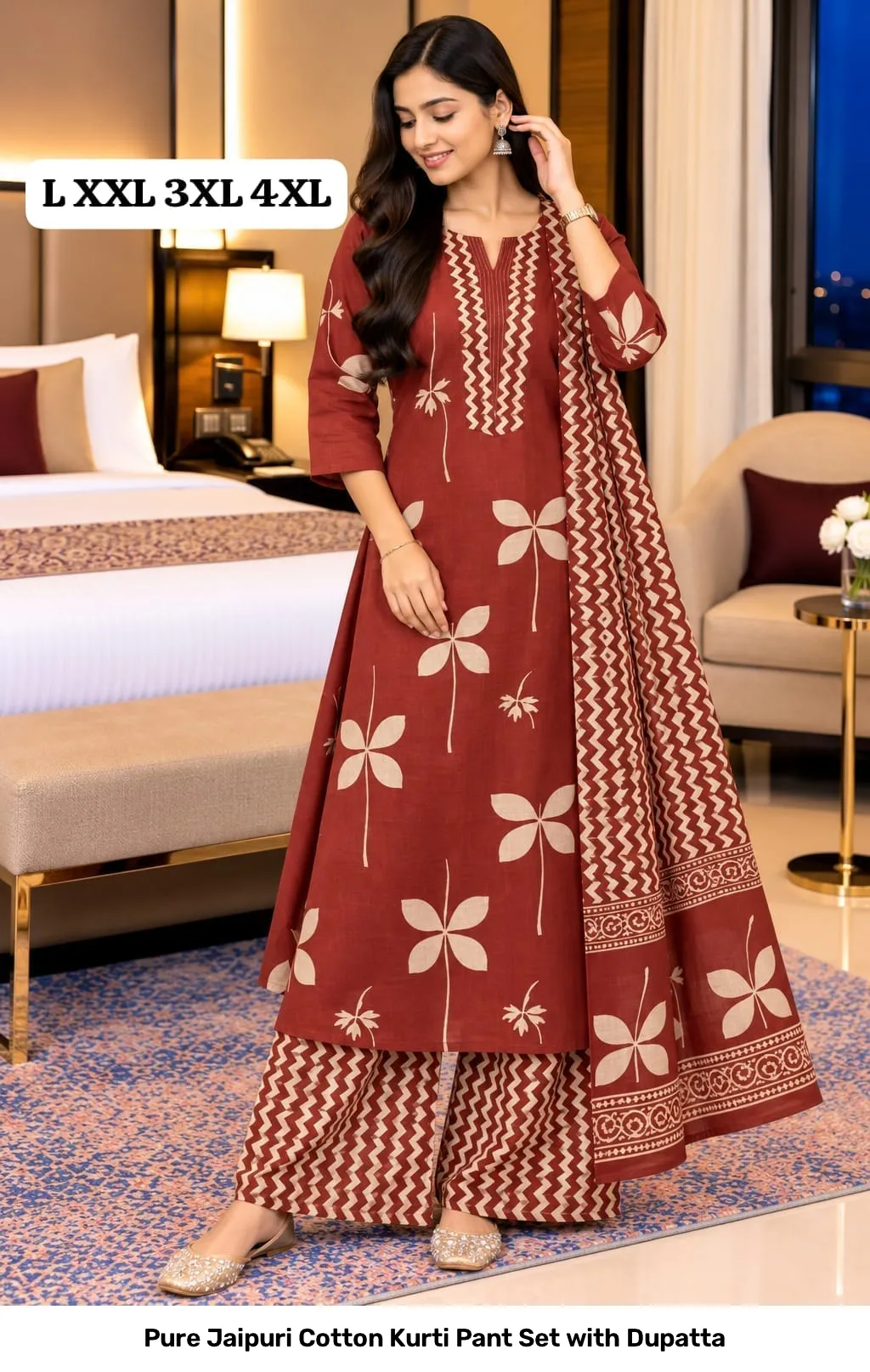 Pure Jaipuri Cotton Kurti Pant Set with Dupatta 9