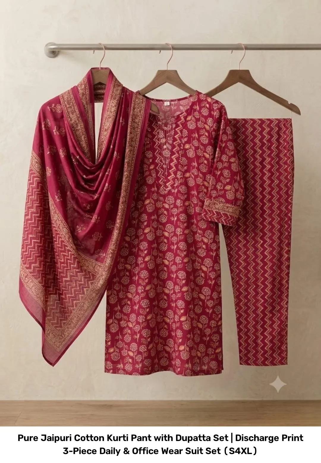 Pure Jaipuri Cotton Kurti Pant with Dupatta Set | Discharge Print 3-Piece Daily & Office Wear Suit Set (S–4XL) 2