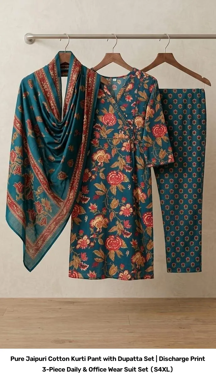 Pure Jaipuri Cotton Kurti Pant with Dupatta Set | Discharge Print 3-Piece Daily & Office Wear Suit Set (S–4XL) 3